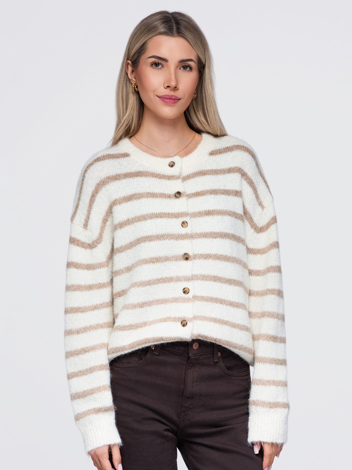 OMBRE Cardigan Damen Pullover mit lockerer Passform und Rundhalsausschnitt Ecru (kein Set, 1-tlg) in Unifarbe
