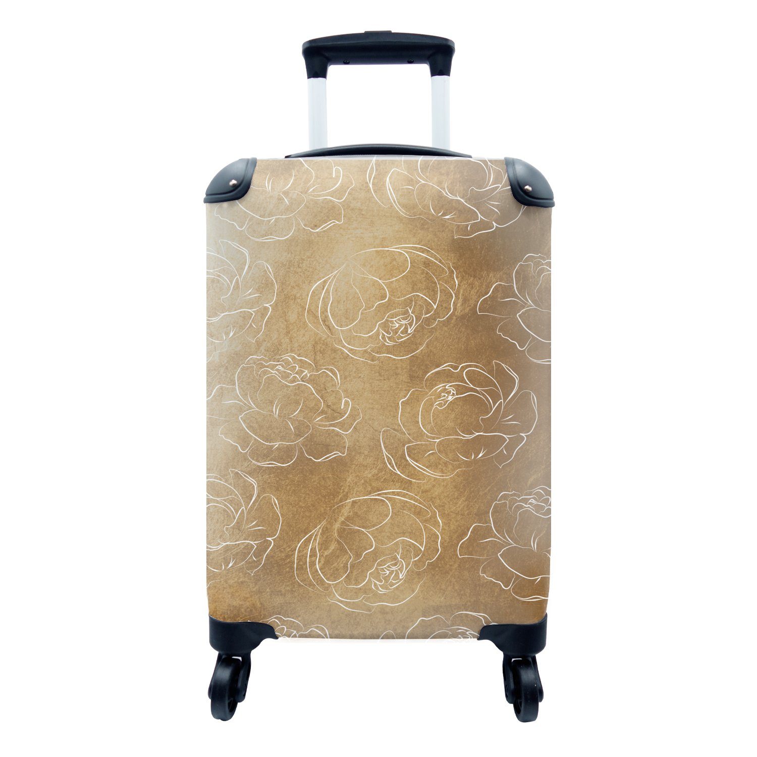 MuchoWow Handgepäckkoffer Blumen - Gold - Muster - Linienkunst, 4 Rollen, Reisetasche mit rollen, Handgepäck für Ferien, Trolley, Reisekoffer