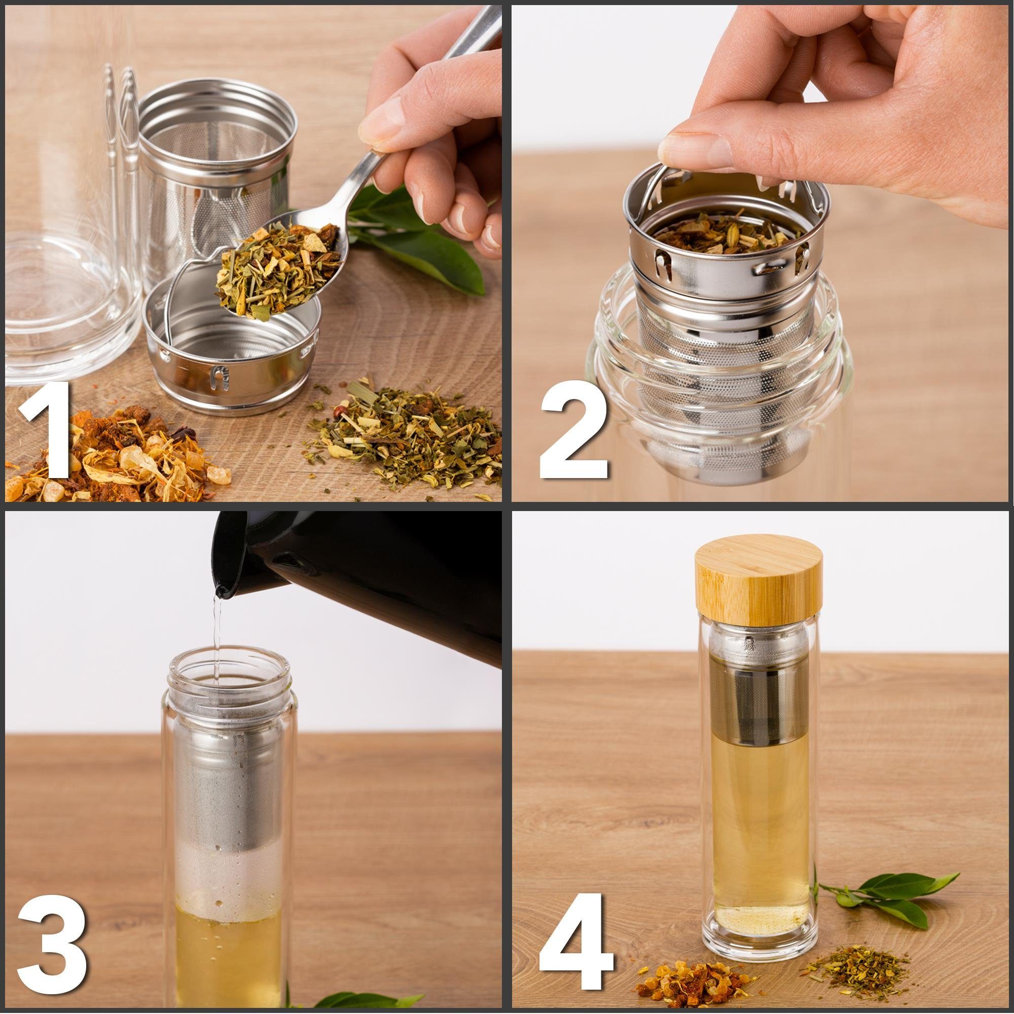 EAZY CASE Thermoflasche Thermo Trinkflasche mit Teesieb, Teeflasche Thermo Glasflasche To Go 500ml kälte hitzebeständig + Sieb – Bild 3 von 5