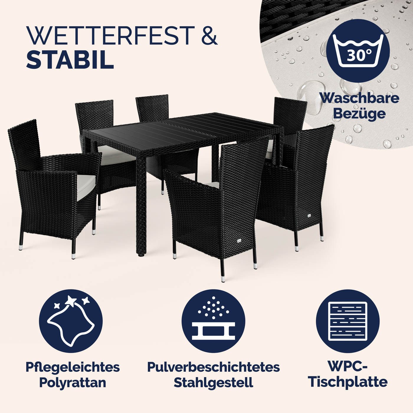 Casaria Garten-Essgruppe, (7-tlg), Polyrattan 6 Stühle Stapelbar 150x90cm Esstisch WPC Holz Wetterfest
