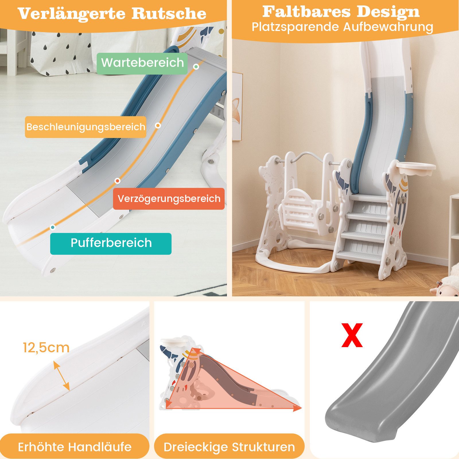 COSTWAY Rutsche, 4 in 1 Schaukel & Rutsche & Basketballkorb & Leiter