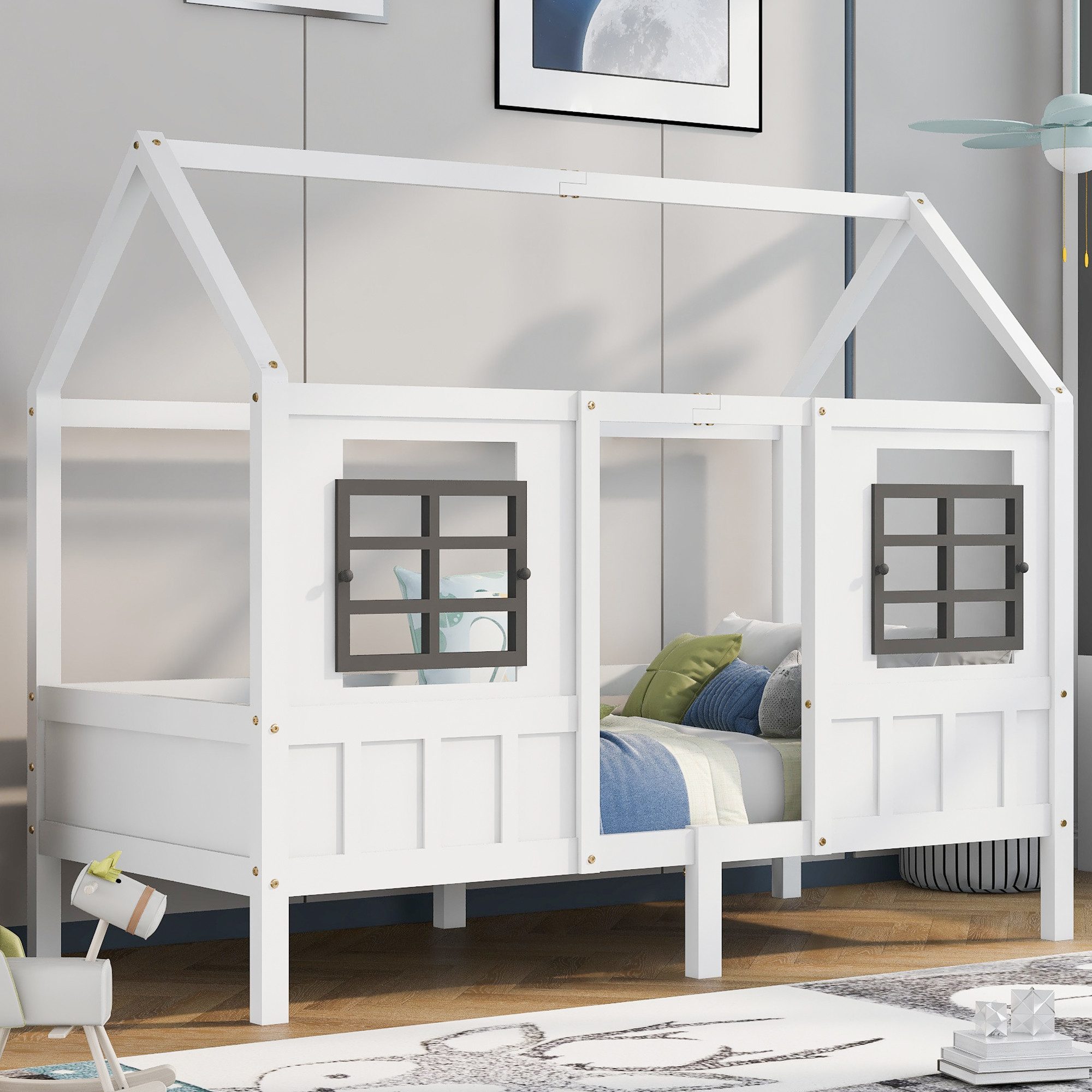 MODFU Bett mit Fenstern für Kinder (Holzbett aus Kiefer und MDF, Einzelbett 90x200 cm), Ohne Matratze
