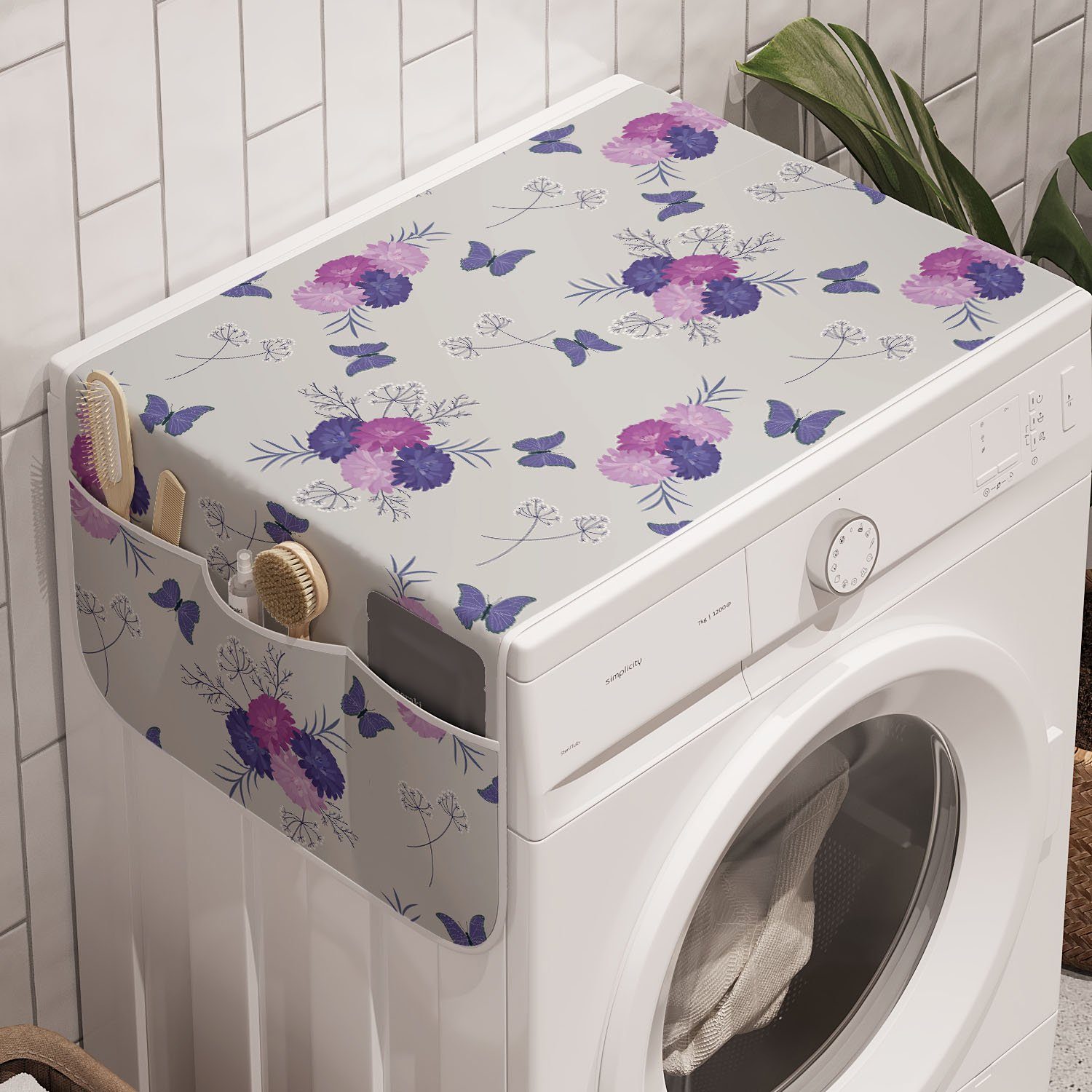 Abakuhaus Badorganizer Anti-Rutsch-Stoffabdeckung für Waschmaschine und Trockner, Blumen Wiese Blumen Schmetterlinge