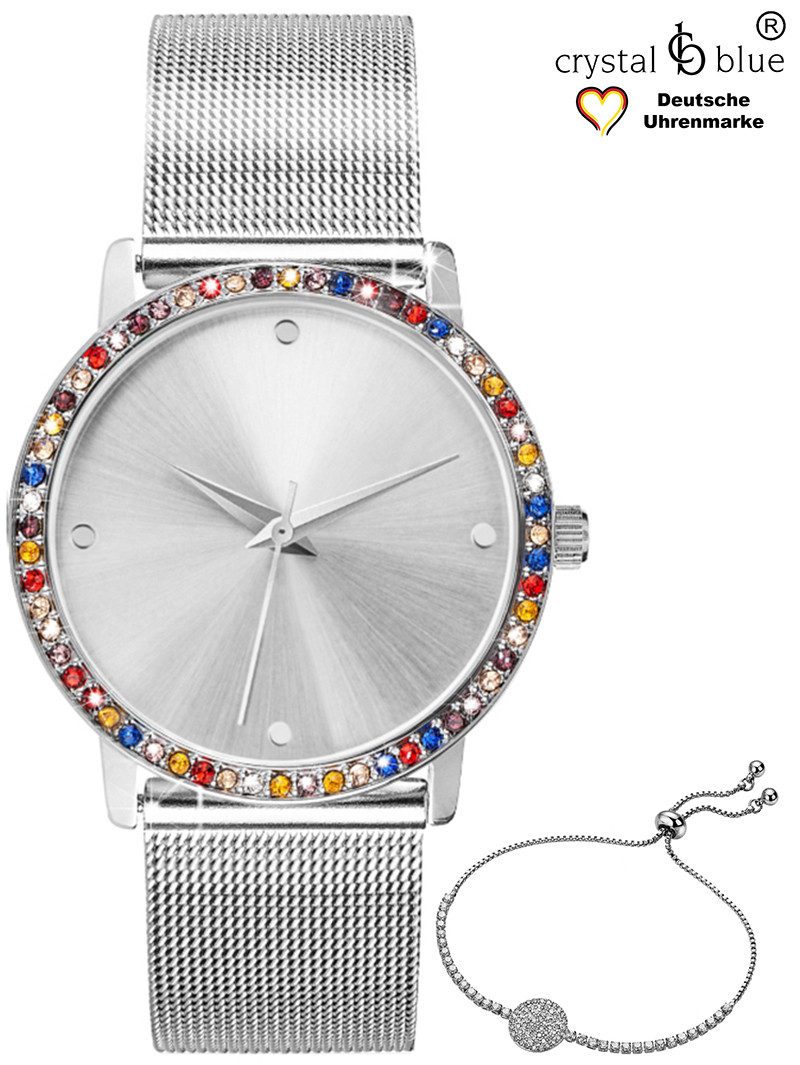crystal blue Quarzuhr Damenuhr Mesh mit cubic Zirkonia Kristallen & Glamourarmband, (2-tlg), kostenlose Lieferung