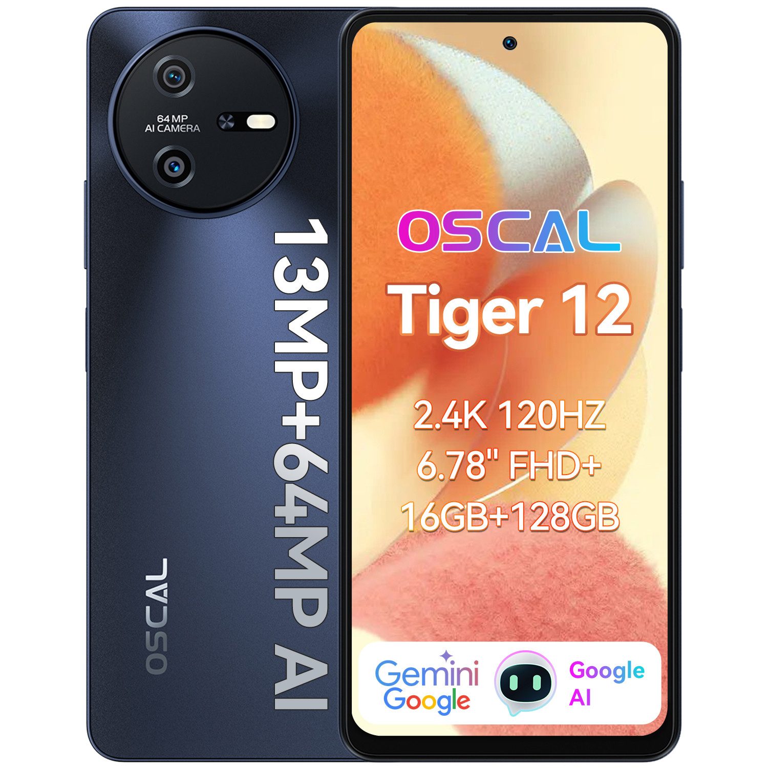blackview OSCAL TIGER12 AI mit MediaTek Helio G99 Smartphone (6.56 Zoll, 128 GB Speicherplatz, 64 MP Kamera, 64MP, 33W, Gemini AI, Face ID/Fingerabdruck, NFC)