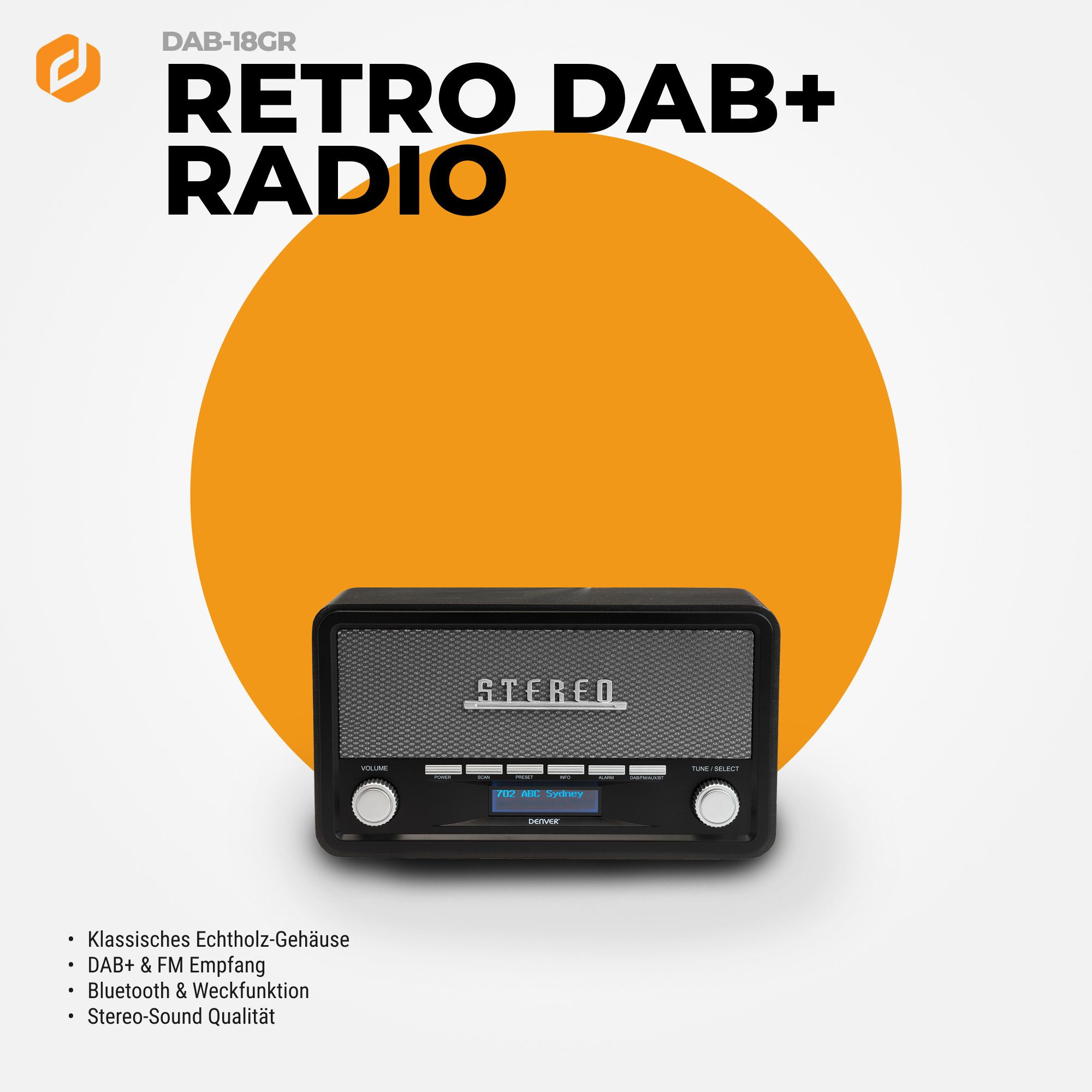 Denver DAB-18DGR Digitalradio (DAB) (DAB+, FM (RDS), 4 W, Retro-Design, Bluetooth, DAB+/FM, LCD-Display, AUX-In, Teleskopantenne)