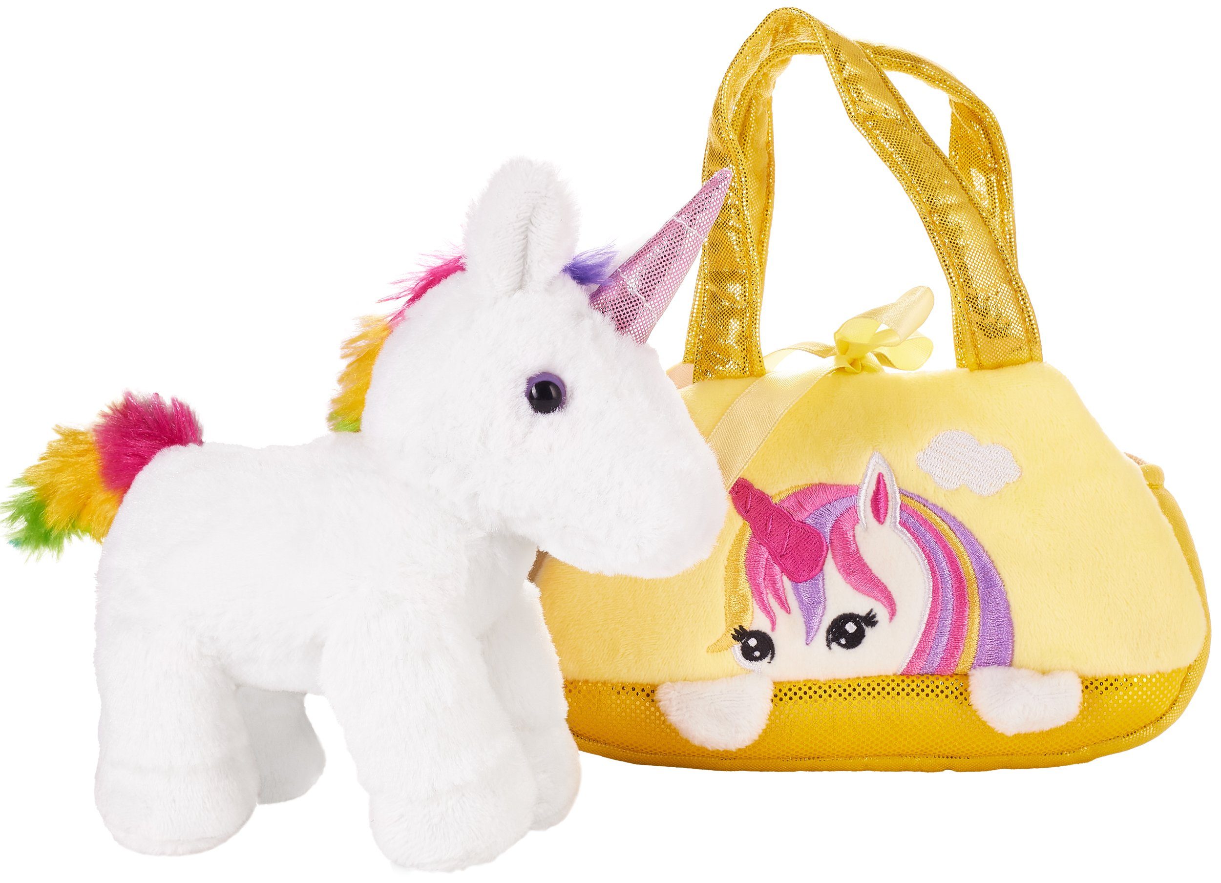 BRUBAKER Kuscheltier Einhorn Tasche Regenbogen 20 cm (1-St., Plüschtier in Handtasche), Glitzer Stofftier