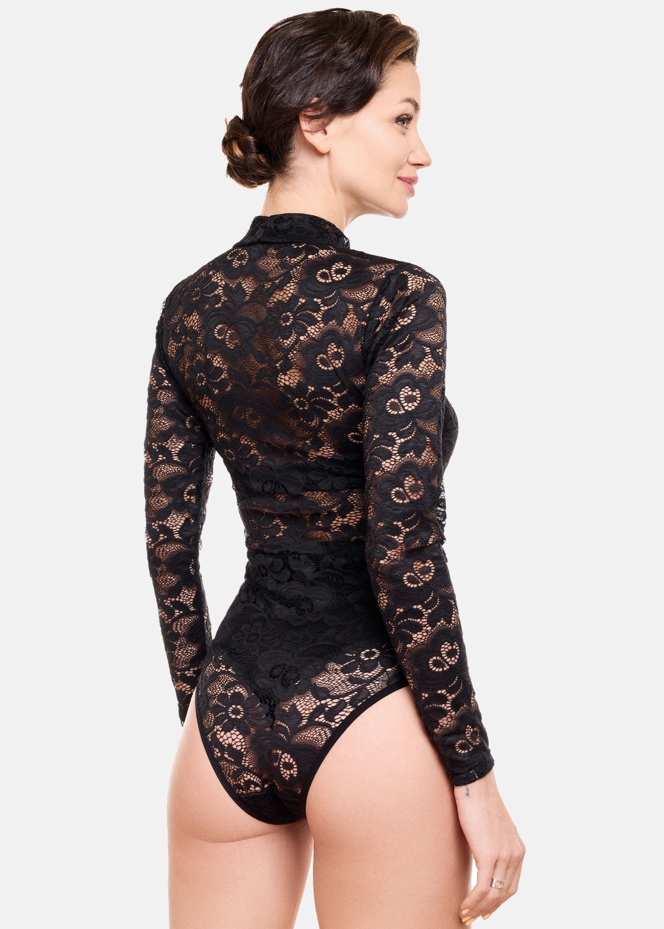 Evoni Body Spitzenbody Langarm Halbkragen