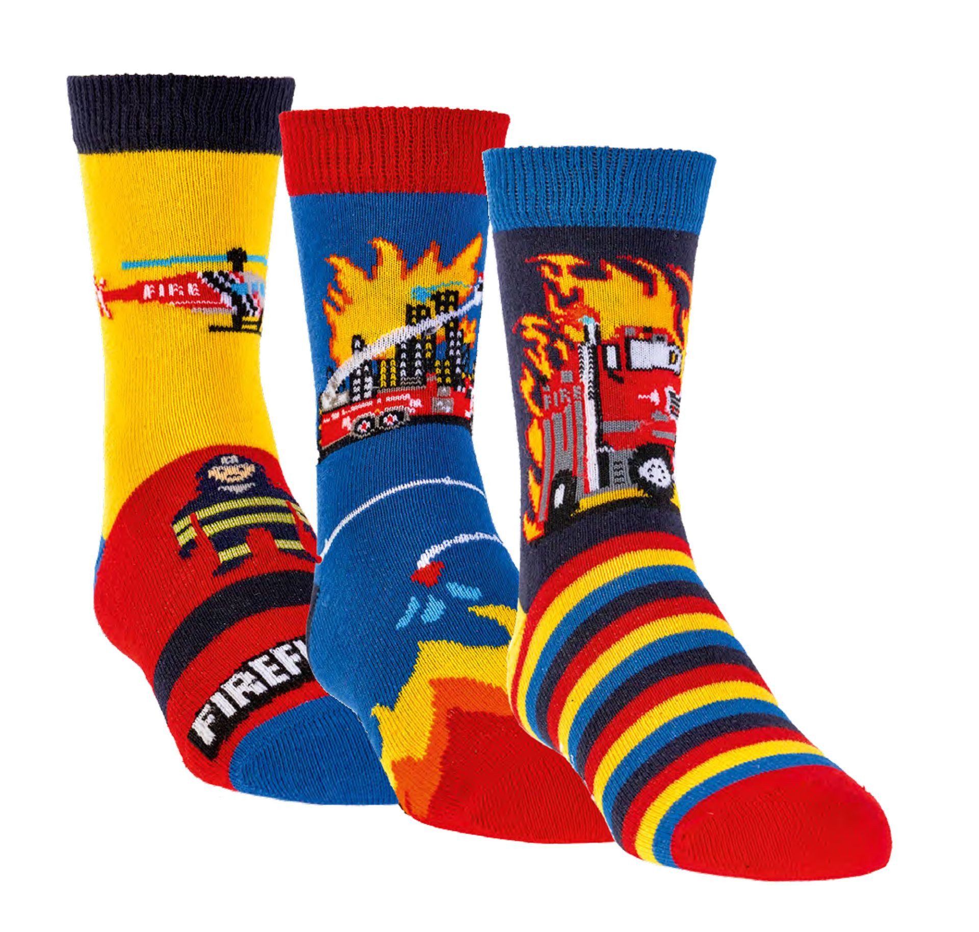 Wowerat Freizeitsocken 3 Paar Kindersocken Feuerwehr, weiche Baumwolle, handgekettelt