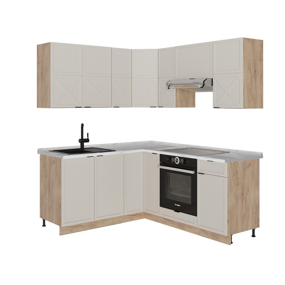 Vicco Winkelküche Fame-Line, GrauBeige/Goldkraft Eiche/Goldkraft Eiche, 160 x 60 cm o...