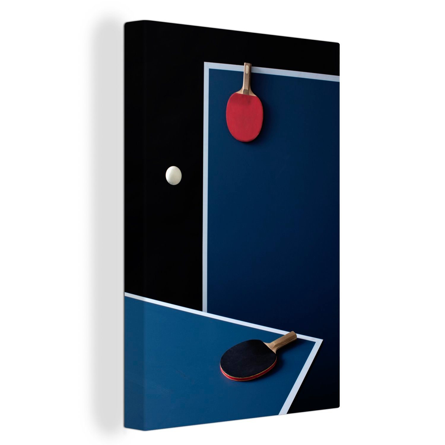 Leinwandbild Tischtennisplatten und ein Ball in der Luft