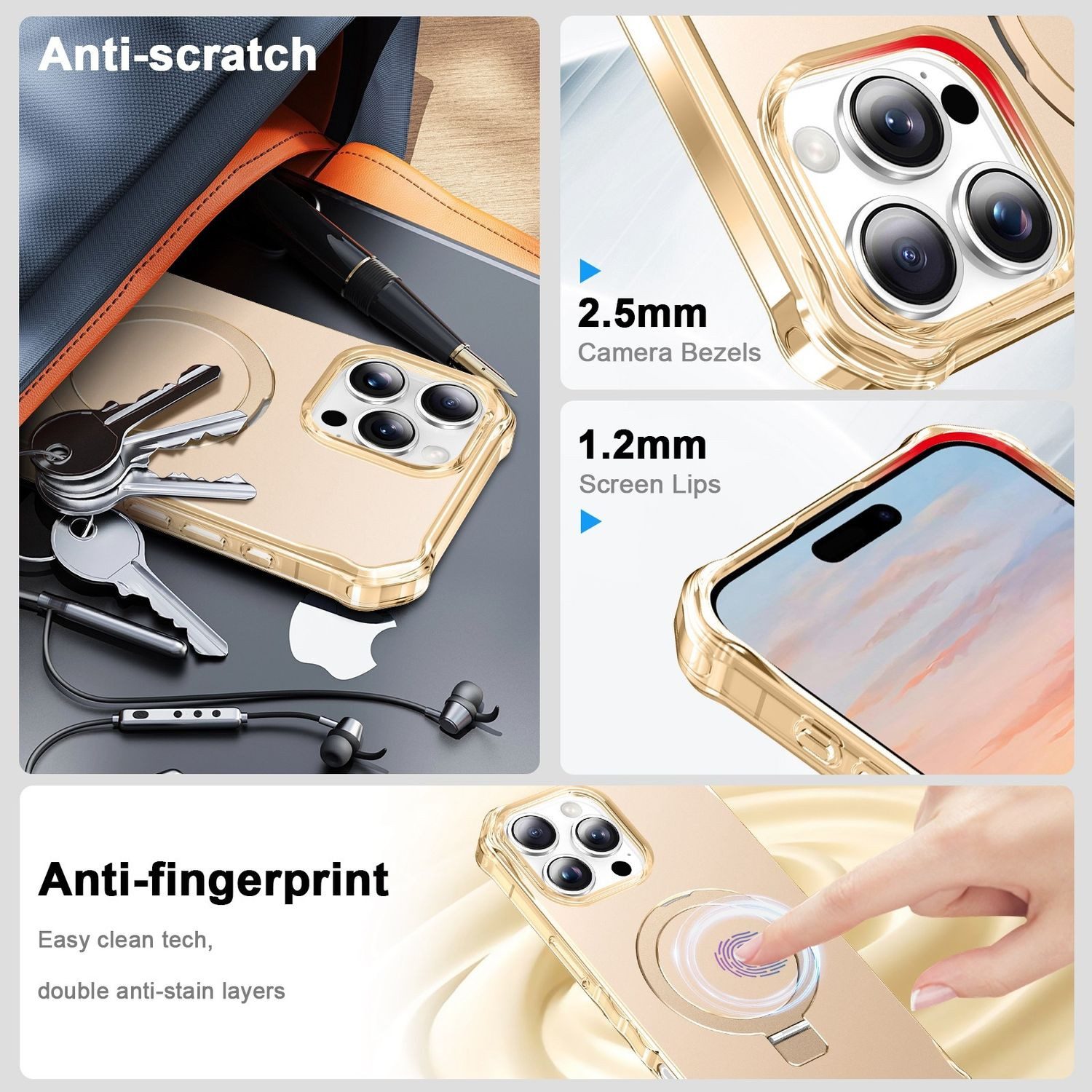 Wigento Handyhülle Für Apple iPhone 16 Pro Solid Color MagSafe Ring Halter Hülle Gold, MagSafe, stoßfest, mit Ringhalter
