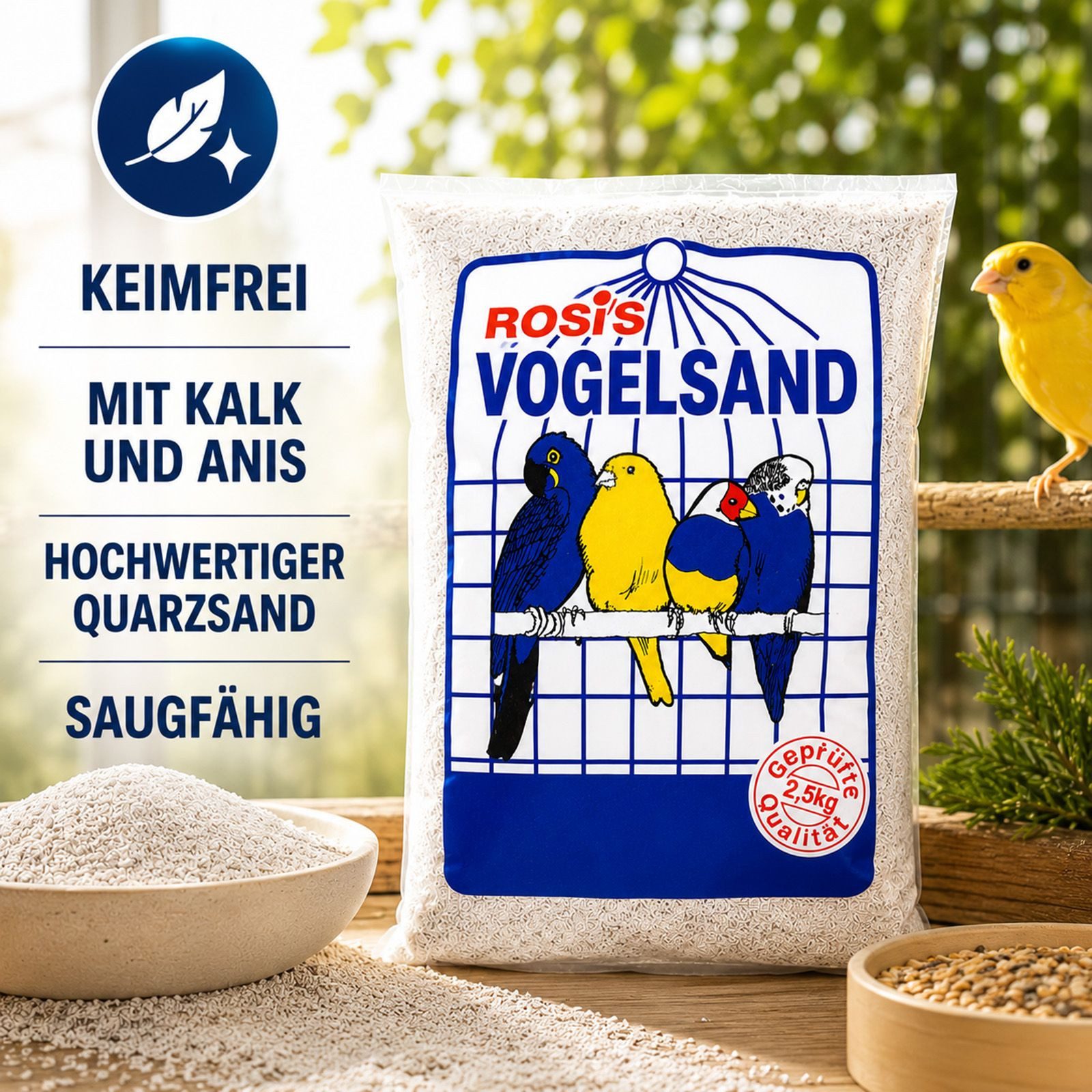BURI Badesand 10x Rosi´s Vogelsand 2,5kg Weiß Kalk Anis Haustier Vogelkäfig Einlage
