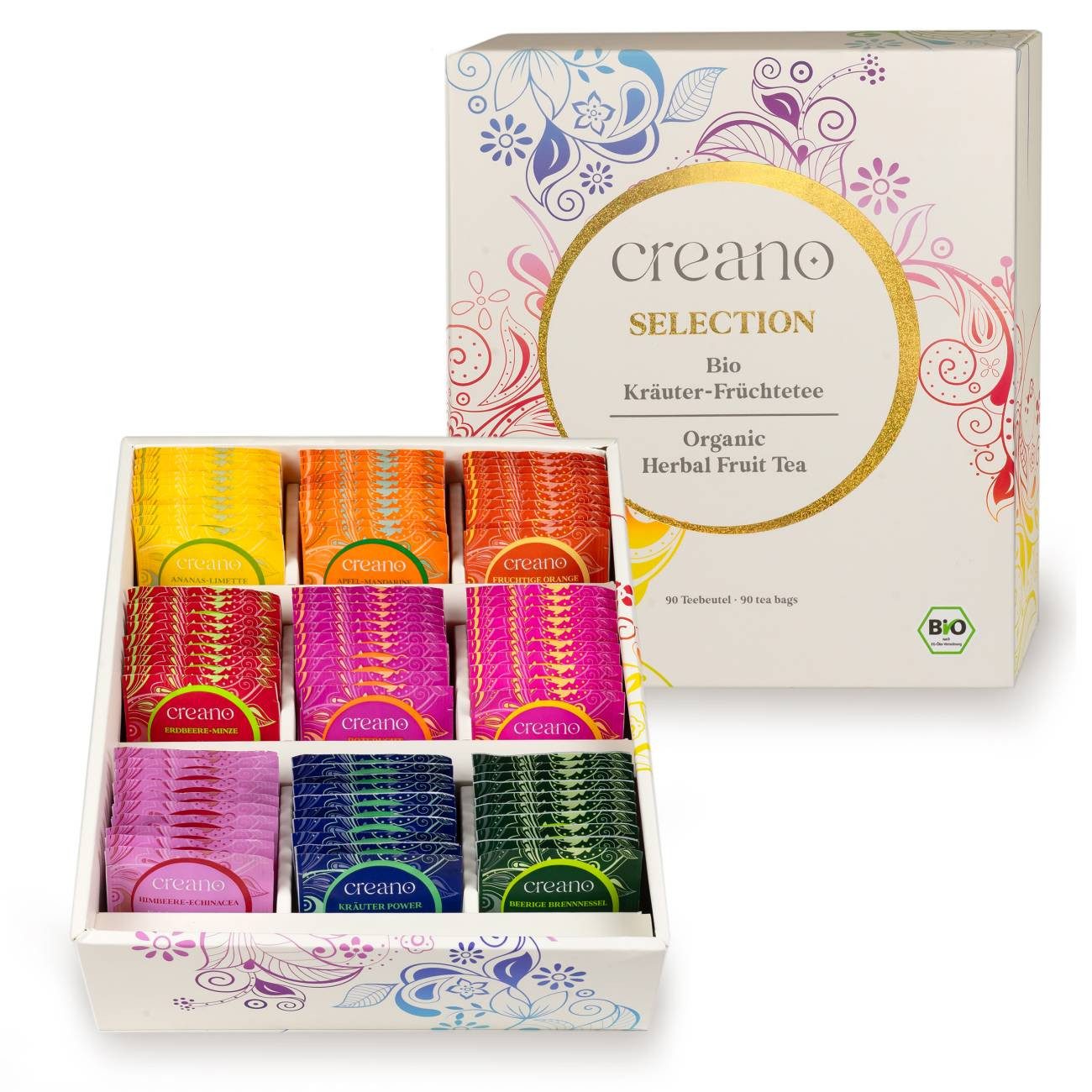 Creano Tee Bio Früchte-Kräutertee 90er Geschenkset „ORGANIC HERBAL TEA“*, 1 x 90 St. (90 Bio-Teebeutel)