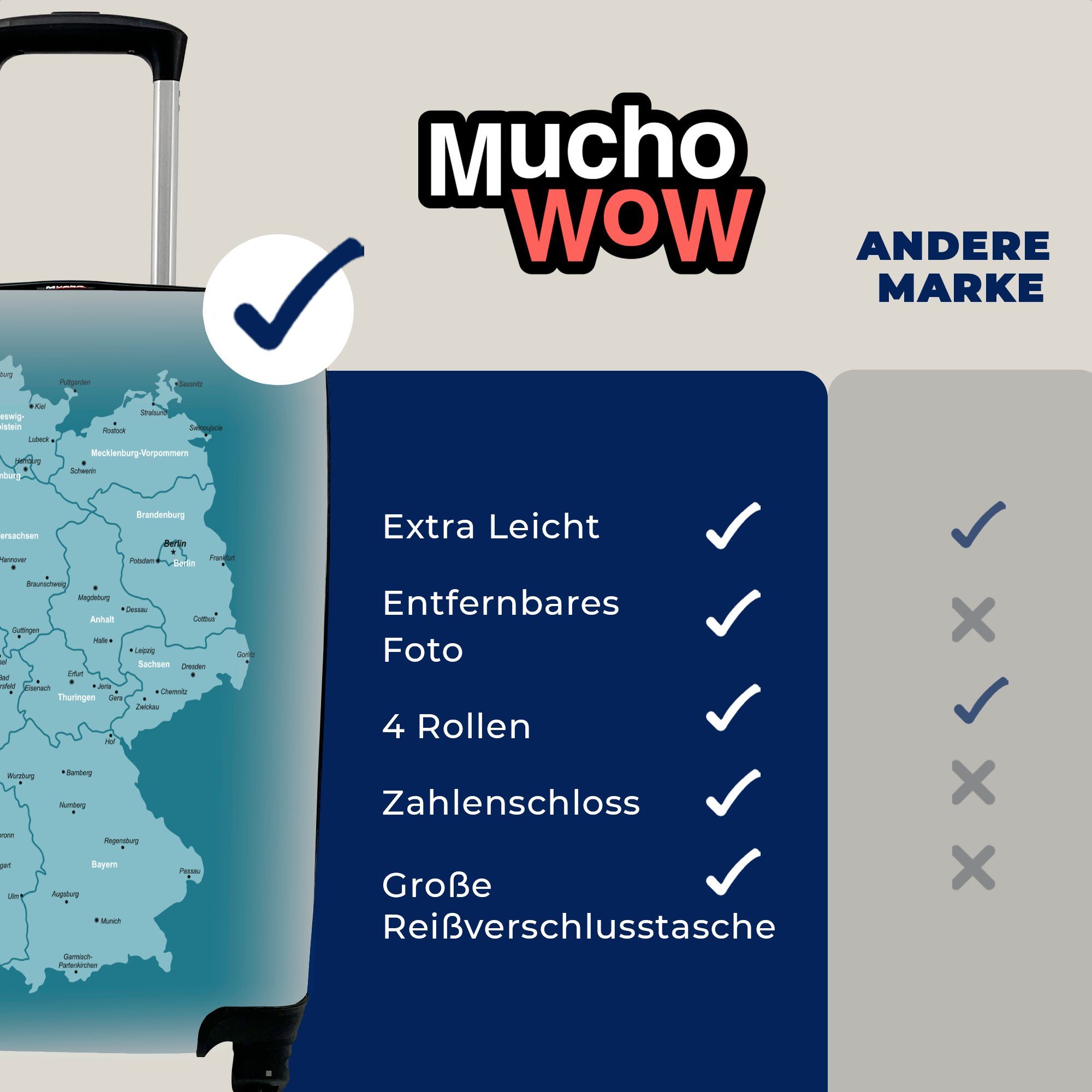 MuchoWow Handgepäckkoffer Blaue Karte von rollen, Trolley, mit Deutschland, Reisetasche Reisekoffer Handgepäck Rollen, 4 Ferien, für
