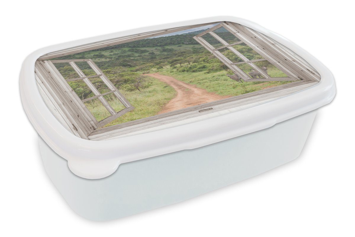 MuchoWow Lunchbox Durchschauen - Zebra - Afrika, Kunststoff, (2-tlg), Brotbox für Kinder und Erwachsene, Brotdose, für Jungs und Mädchen weiß