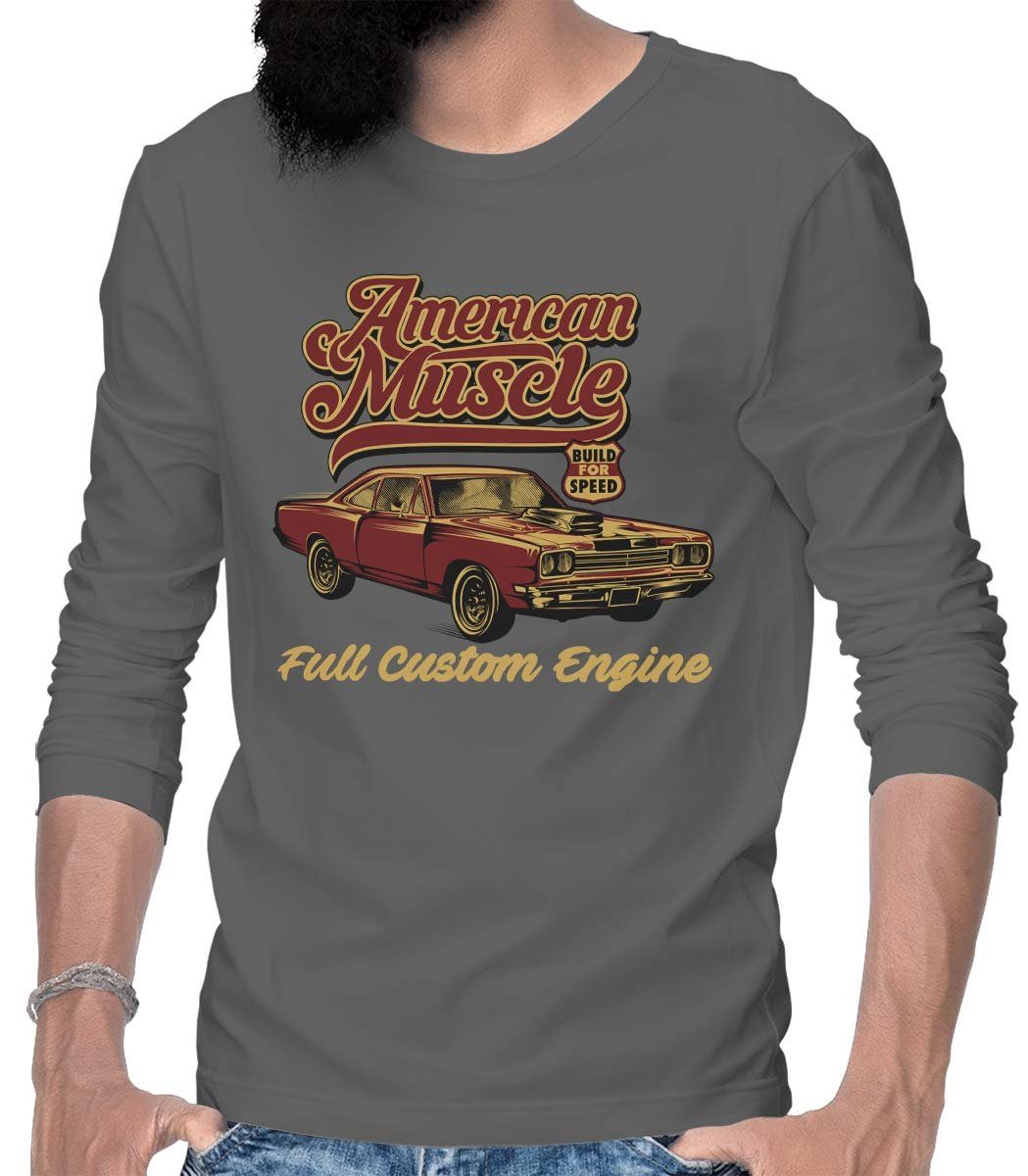 Rebel On Wheels Longsleeve Herren Langarm T-Shirt American Muscle Car Full Custom mit Auto / US-Car Motiv Grau