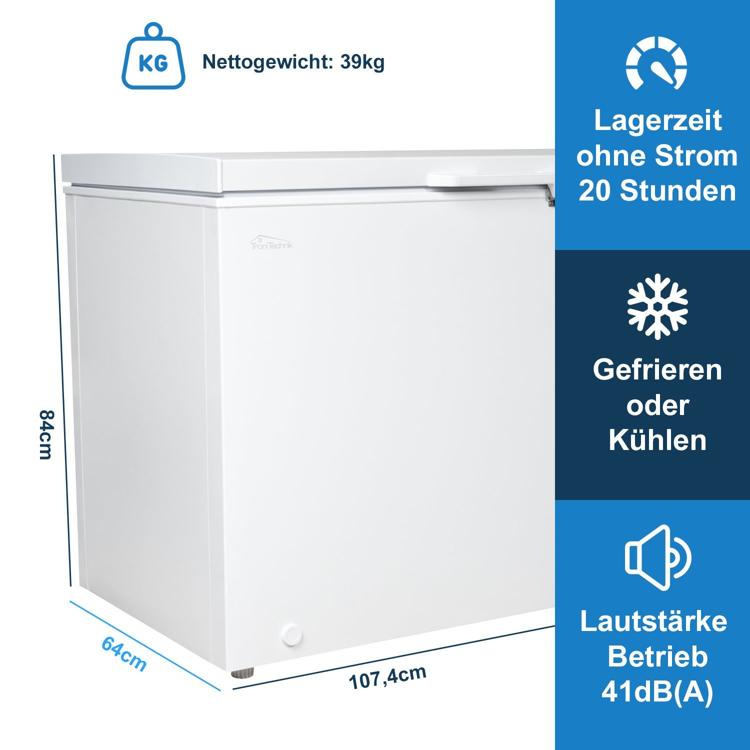 TroniTechnik Gefriertruhe Einstellbarer Temperaturregler, kühlen und gefrieren BORGAR 290 PRO, 107.4 cm breit, 290 l, inkl. Dual Thermostat, LED Licht, Griff, Schloss, Rollen, Einlegekorb
