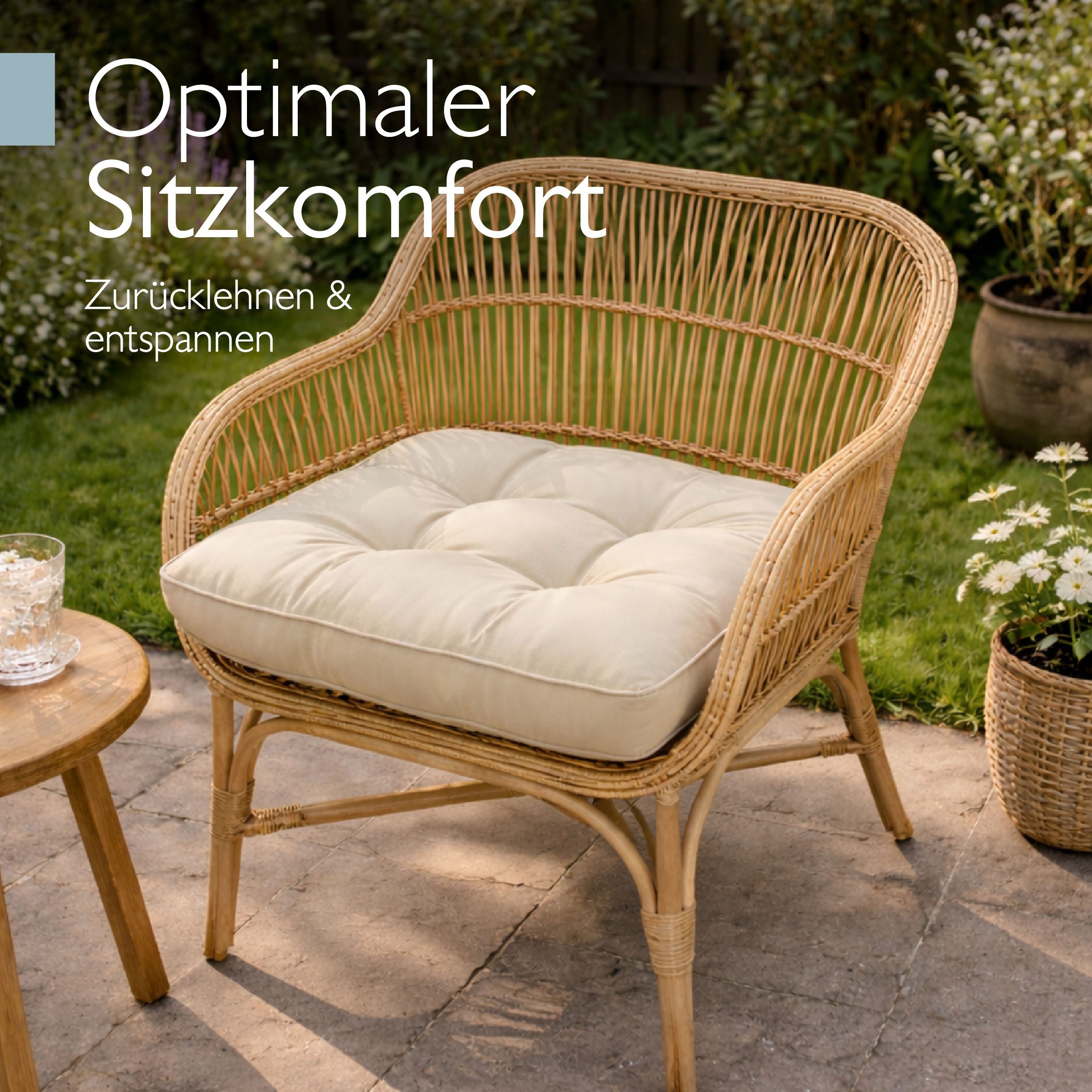 Beautissu Sitzkissen Lounge Kissen Outdoor Sitzkissen Flair LK, 50x50x10cm, Natur, 50x50x10 cm – Wetterfest Schmutzabweisend Polster für Gartenmöbel