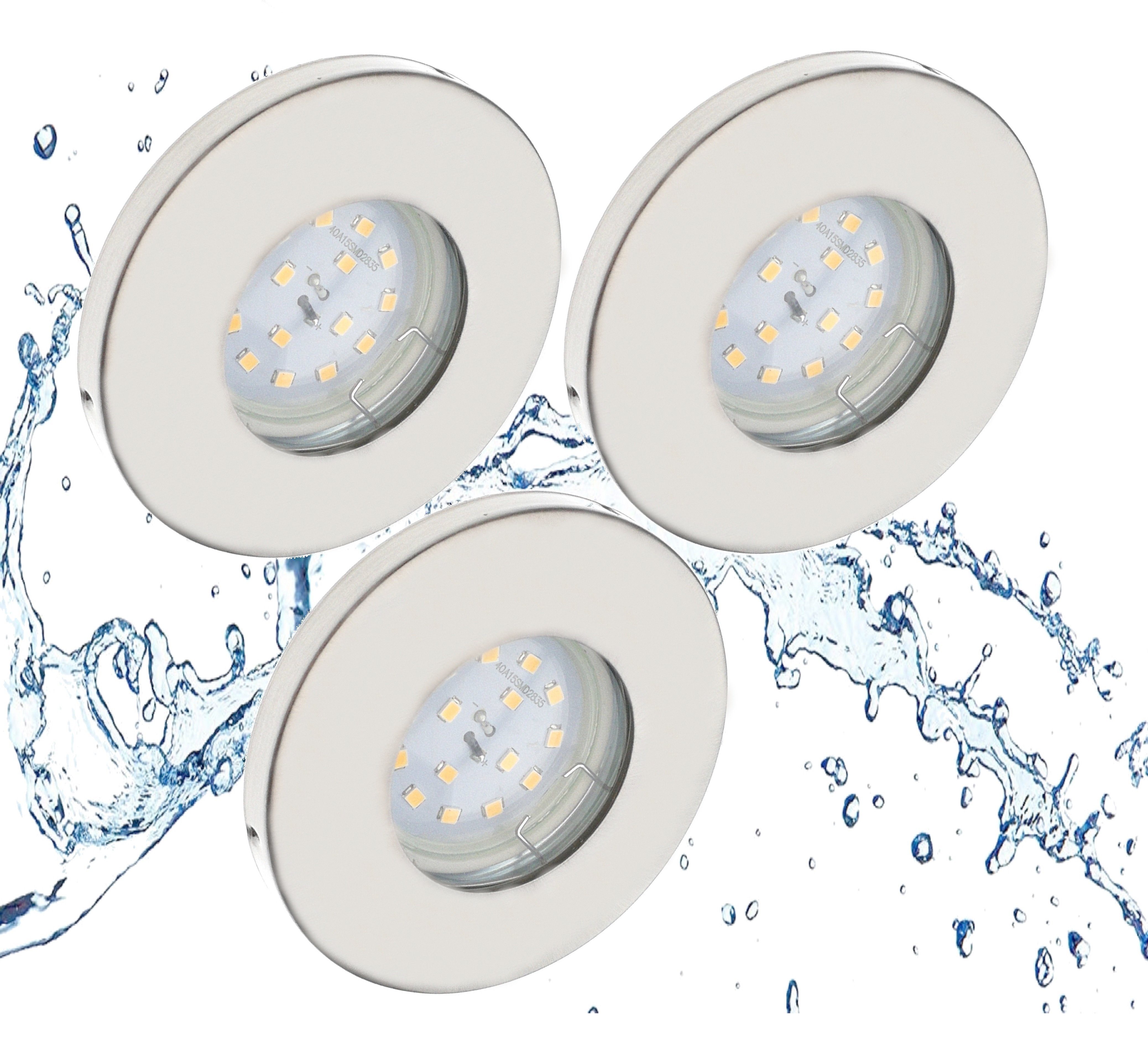 TRANGO LED Einbauleuchte, 3er Set 6729IP65-032MO LED Einbaustrahler IP65 aus Edelstahl gebürstet inkl. 3x 5 Watt 3000K warmweiß Ultra Flach LED Modul für Bad, Dusche, Einbauspots, Deckenstrahler, Deckenlampe, Badleuchte