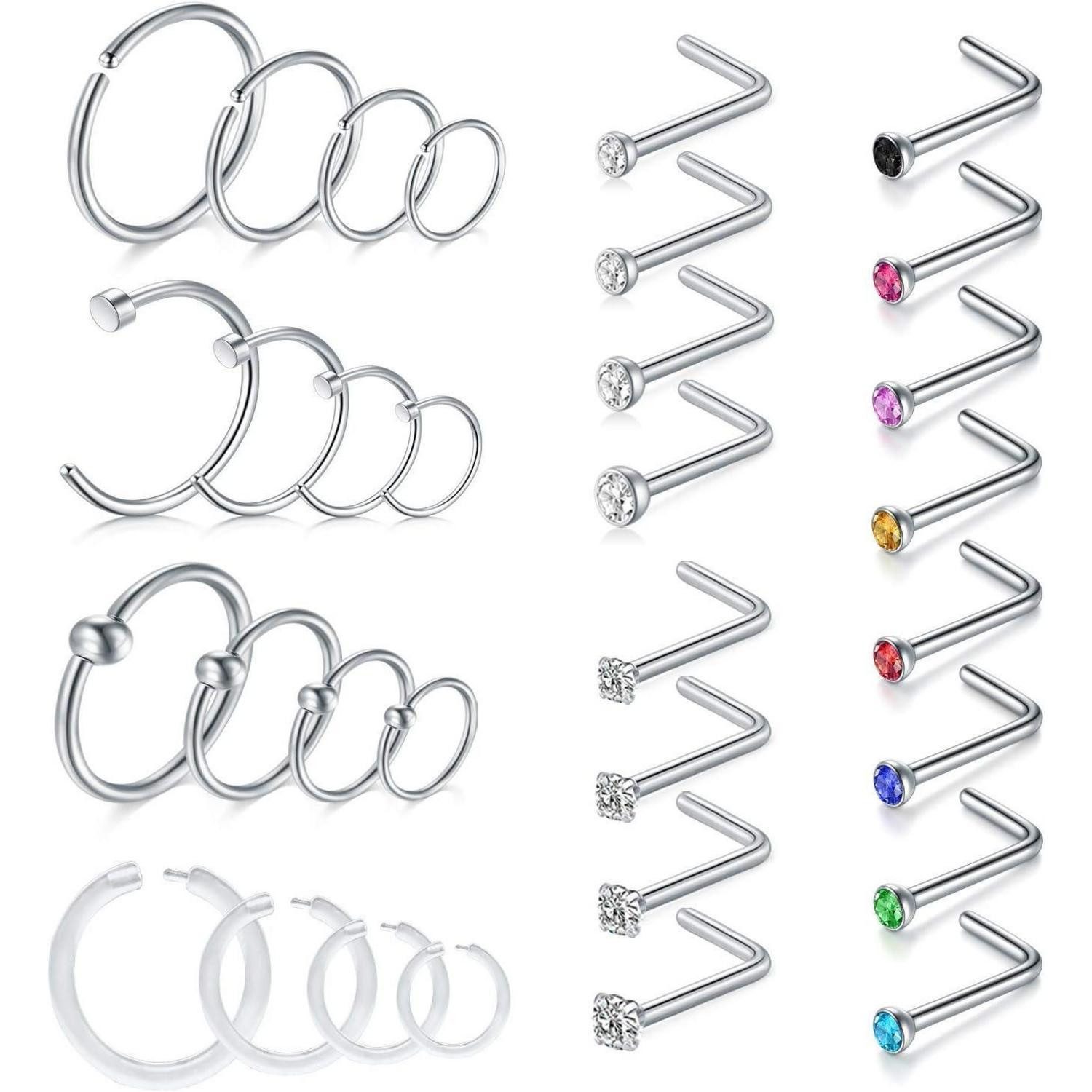 Nasenpiercing-Set 18G Nasenring Set Chirurgenstahl 32 Stück Spirale Stecker Hoop Ring