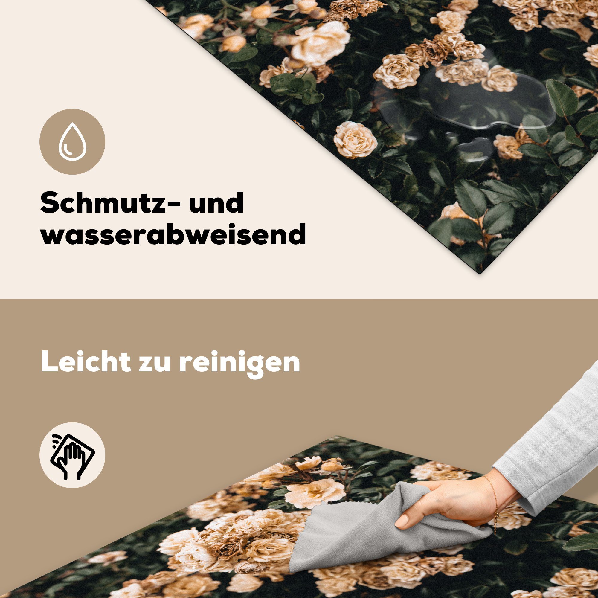 - Strauch cm, - Herdblende-/Abdeckplatte Weiß, für Ceranfeldabdeckung, Braun Rosen (1 - Arbeitsplatte MuchoWow Vinyl, tlg), 78x78 küche