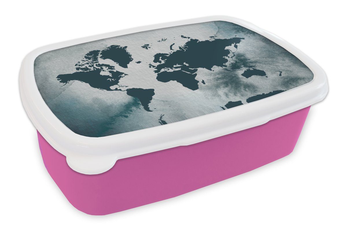 MuchoWow Lunchbox Weltkarte - Farbe - Aquarell, Kunststoff, (2-tlg), Brotbox für Erwachsene, Brotdose Kinder, Snackbox, Mädchen, Kunststoff rosa