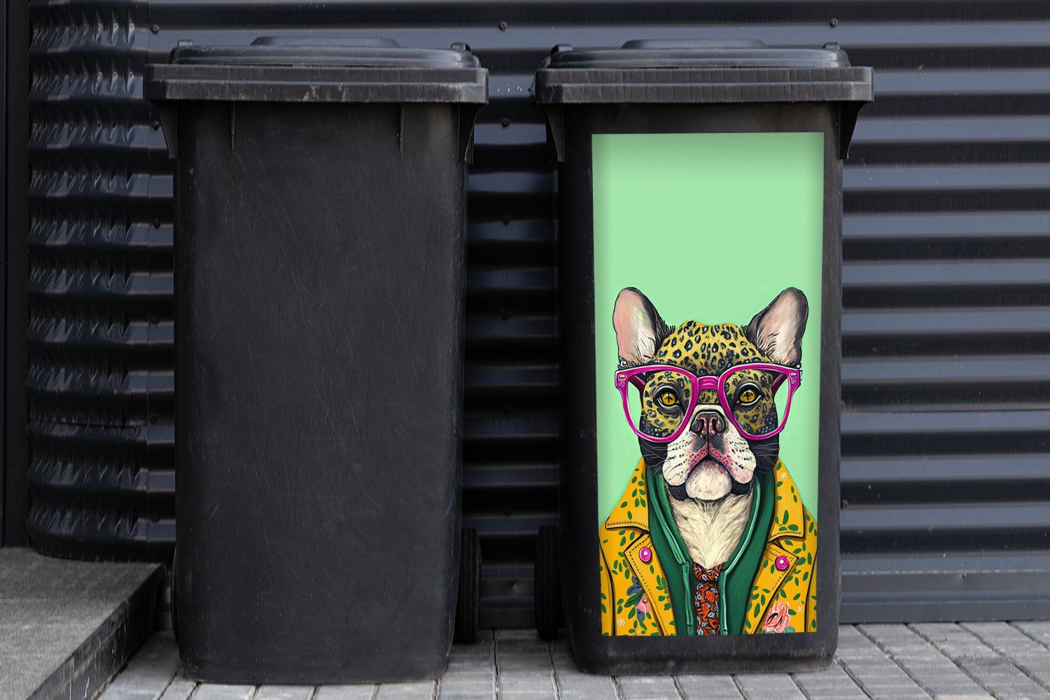 Wandsticker Tiere - (1 MuchoWow - Container, Abfalbehälter Mülleimer-aufkleber, Sticker, - Hippie Mülltonne, St), Brille Hund