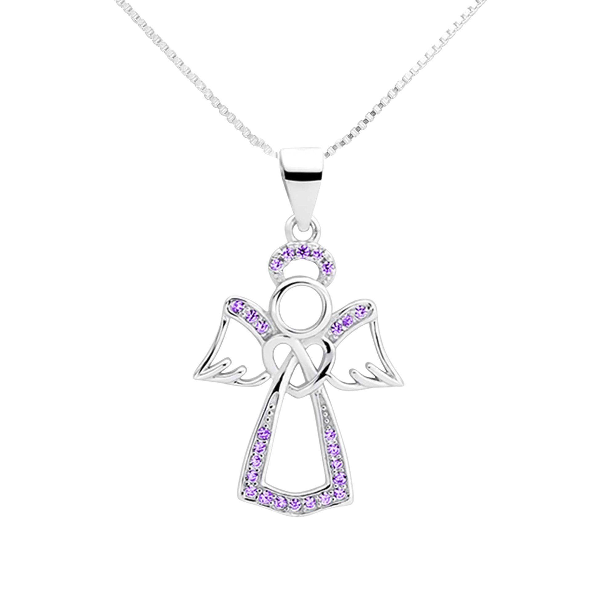 Kette Damen Zirkonia Anhänger (Anhänger Silber Schutz Kette), schmuck23 Liebe Schutzengel Kinder Halskette mit Silberanhänger Symbol Herz mit Kettenanhänger 925 Mädchen Engel Lila