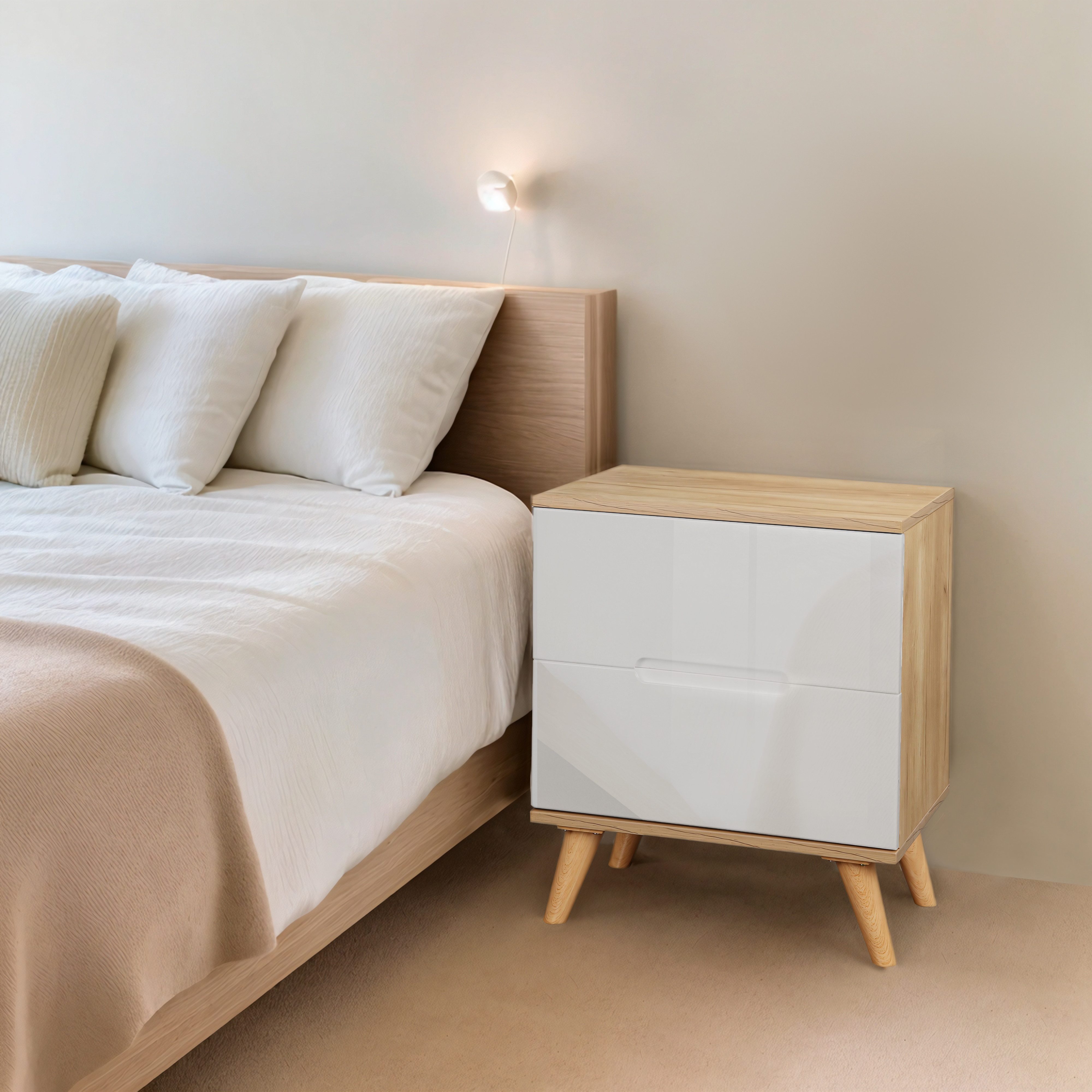 OTTO home Nachtschrank Lund Nachttisch Beistellschrank Kommode mit Hochglanzfronten Nachtkommode mit 2 Schubladen Bestseller im skandinavischem Design – Bild 3 von 5