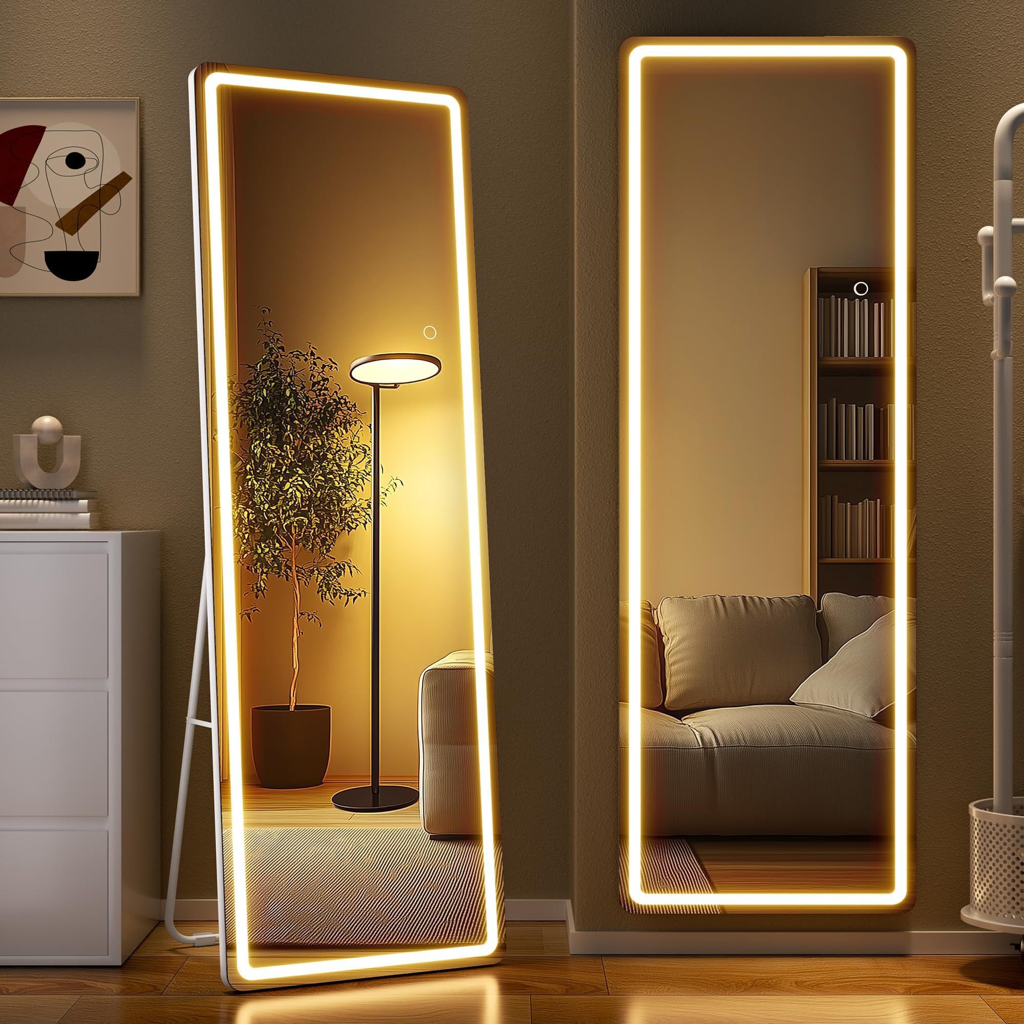 Hasipu Ganzkörperspiegel mit LED-Beleuchtung, Touch-Steuerung, 3 Montagemöglichkeiten 141x40cm (1-St), Weisser Aluminiumrahmen, gehärtetes Glas mit dimmbarer Beleuchtung