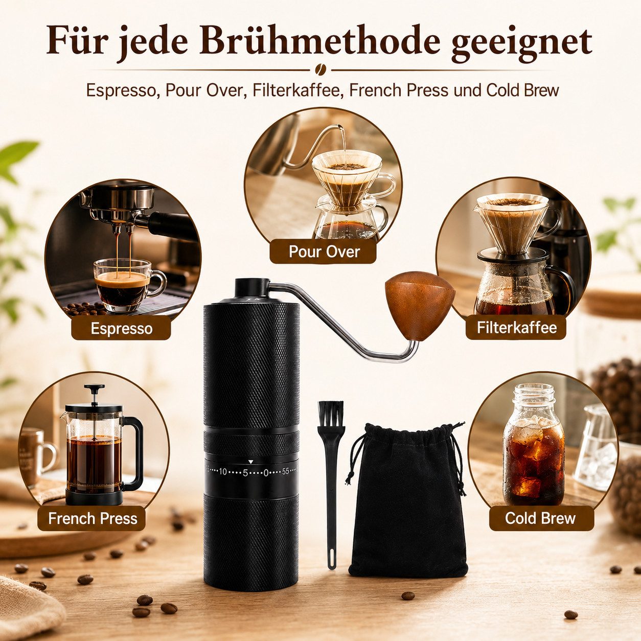 XEOOCE Kaffeemühle Handkaffeemühle 60 Mahlgrade Edelstahlmahlwerk, 60 Einstellstufen