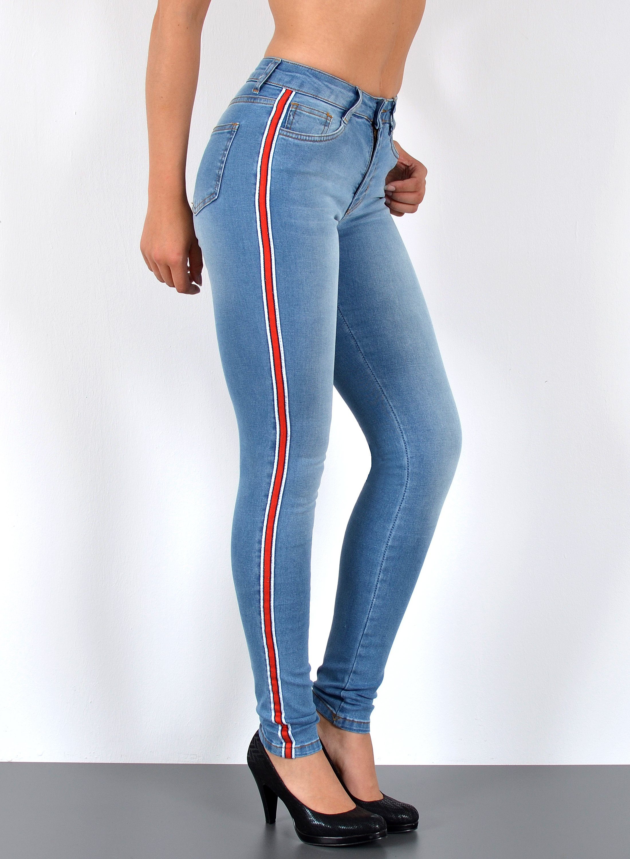 ESRA Skinny-fit-Jeans Damen High Waist Skinny Jeans mit Streifen bis Große Größe J330 Skinny Jeans Damen High Waist mit Seitenstreifen Galonstreifen Hose