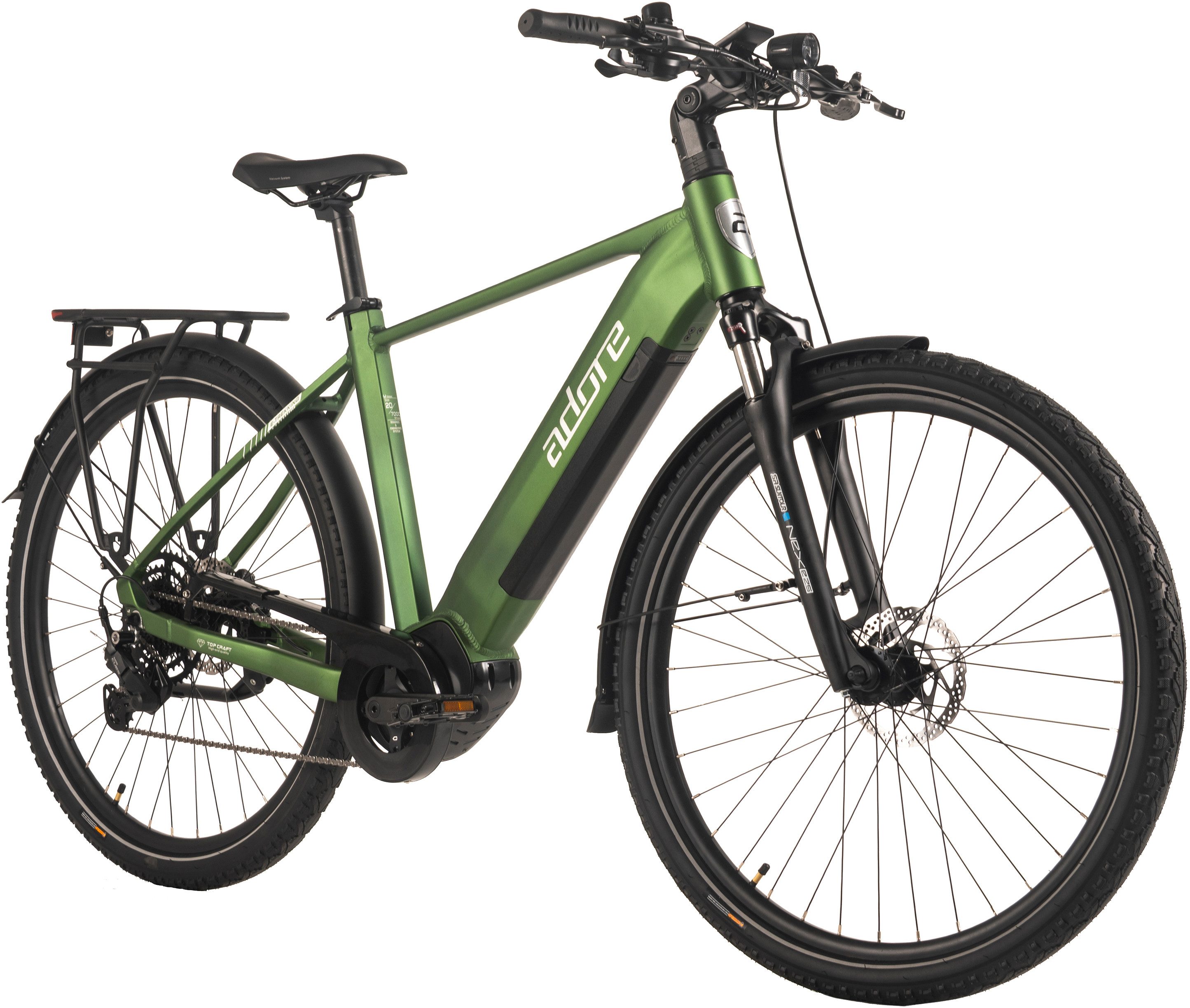 Adore E-Bike Trekkingrad 28" Alu Trekking E-Bike ATX-670 Mittelmotor 60NM / 15Ah Grün matt, 9 Gang Shimano Cues Schaltwerk, Kettenschaltung, Mittelmotor, 540 Wh, Pedelec, Elektrofahrrad für Herren
