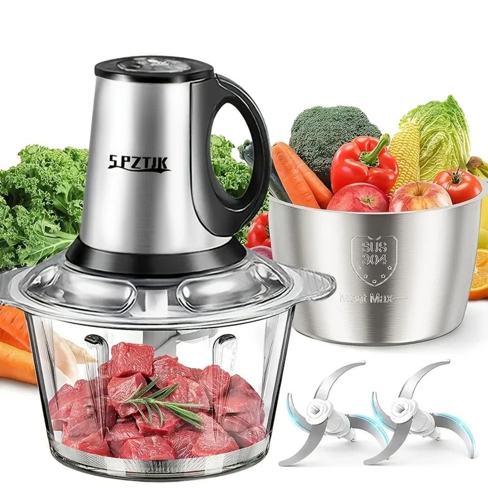 SPZTJK Zerkleinerer Elektrischer Fleisch‑Häcksler mit Glas‑ und Edelstahlschüssel, 300 W, 2 Sätze Klingen, Universal‑Küchenhelfer für …