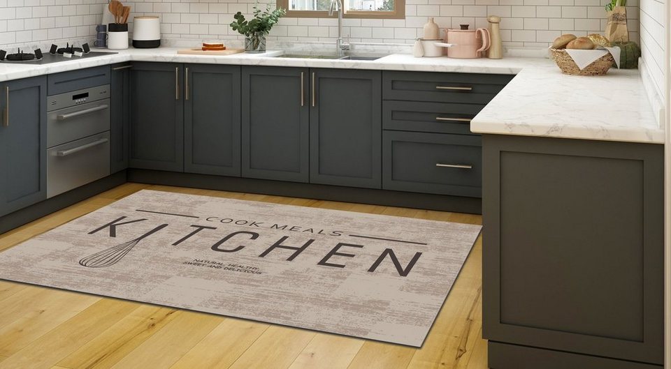 Teppich Küchenläufer Kitchen Cook Meals Beige Waschbar & Praktisch,  Jungengel Textilien, Höhe: 6 mm, Universell einsetzbar,  Fußbodenheizungsgeeignet