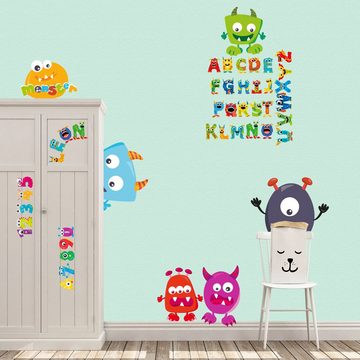 Sunnywall Wandtattoo Monster Wandtattoo XXL Set verschiedene Motive Kinderzimmer Aufkleber bunt Wanddeko ABC Zahlen Alphabet, selbstklebend