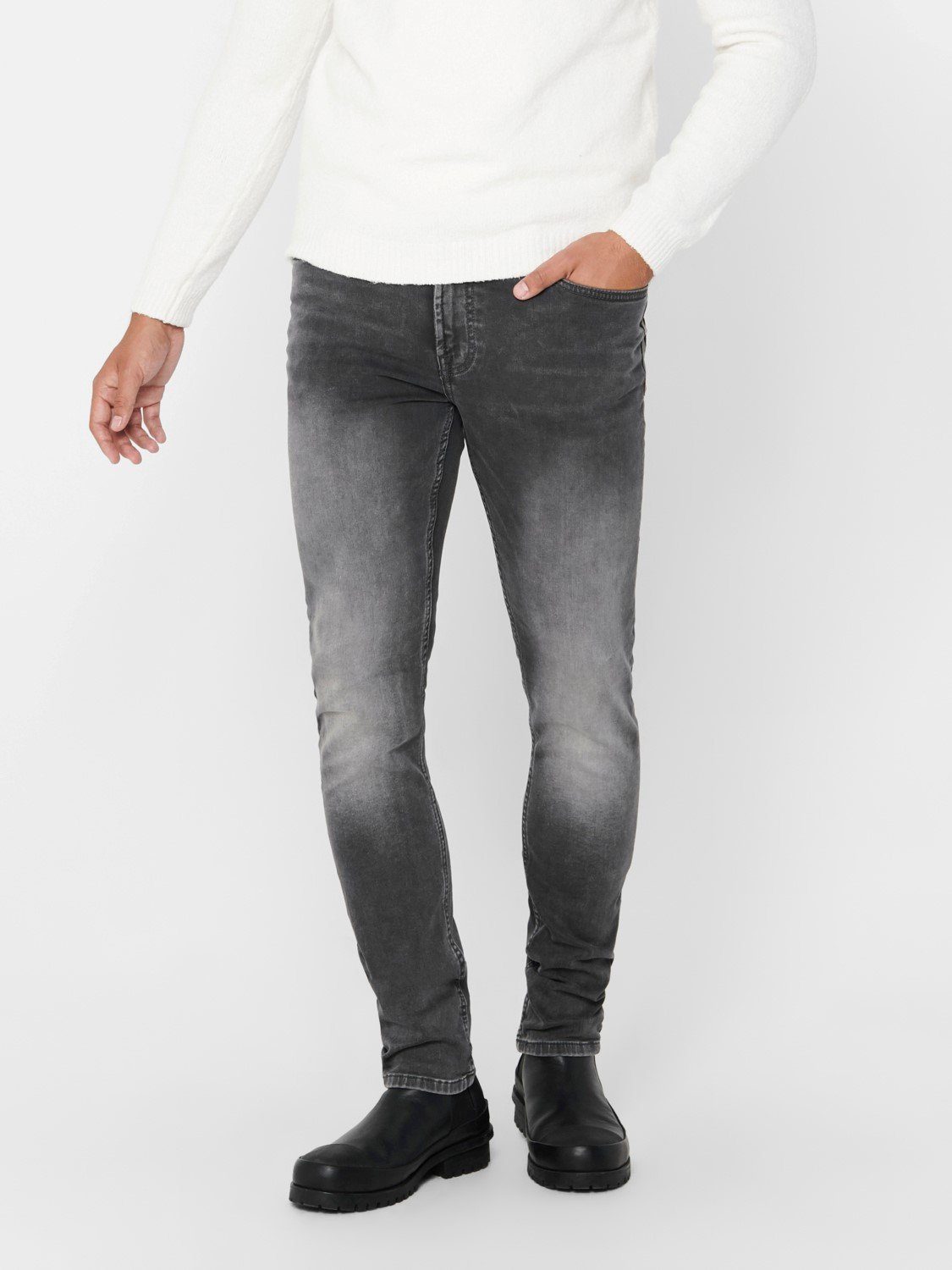 ONLY & in SONS Grau Denim ONSLOOM Pants Stoned 3970 Slim-fit-Jeans Fit Hose Slim (1-tlg) Jeans Washed Basic