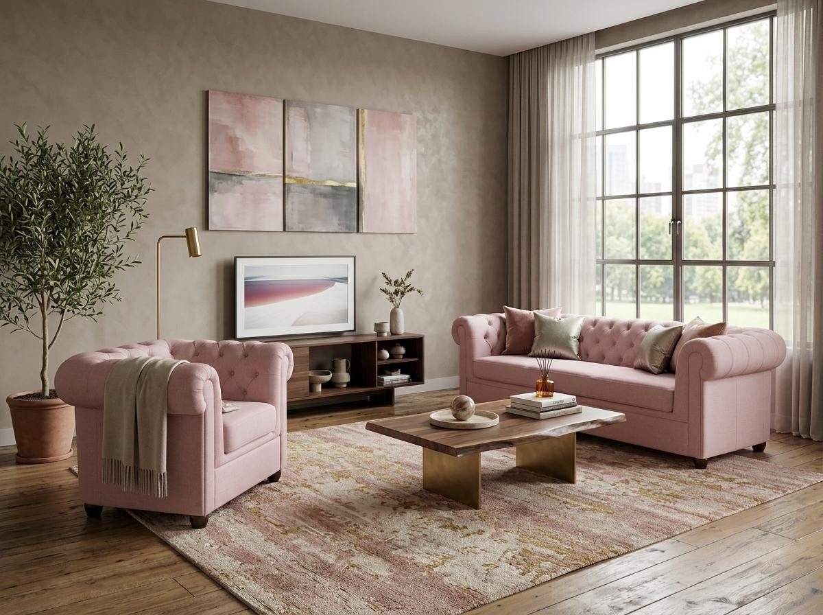 JVmoebel Chesterfield-Sofa Klassisches hellrosa Chesterfield Sofa-Set 3+1-Sitzer, 2 Teile, Made in Europa