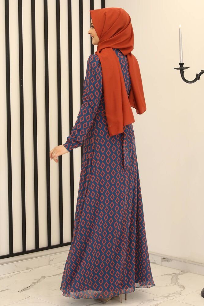 mit langärmliges Maxikleid, Rautenmuster Blickdicht Hijab Blau Abendkleid Abaya Abiye Chiffonkleid Kleid Modavitrini Mode Damen