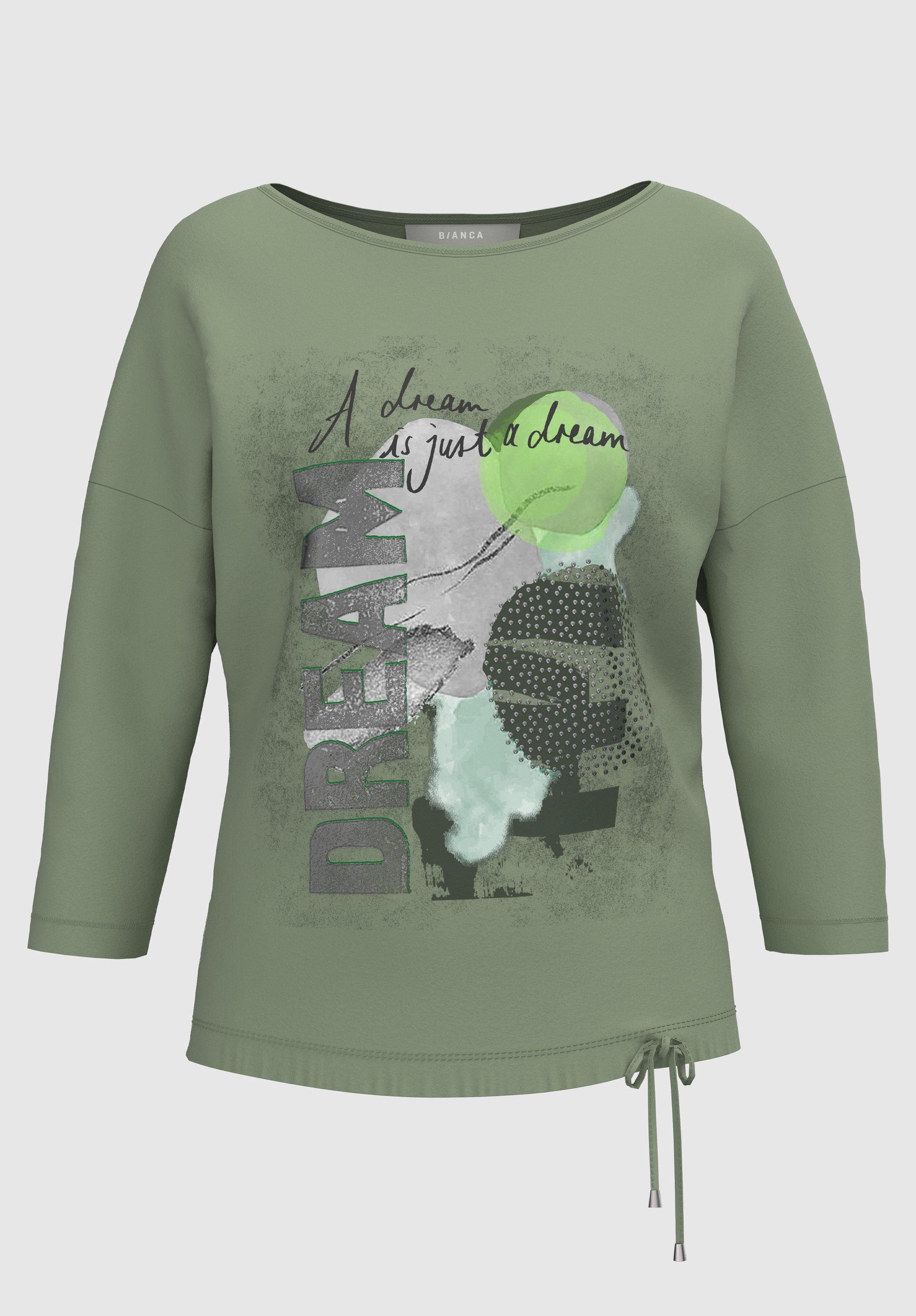 bianca Print-Shirt ELLY mit mehrfarbigem Frontmotiv und Tunnelzug am Saum light safari