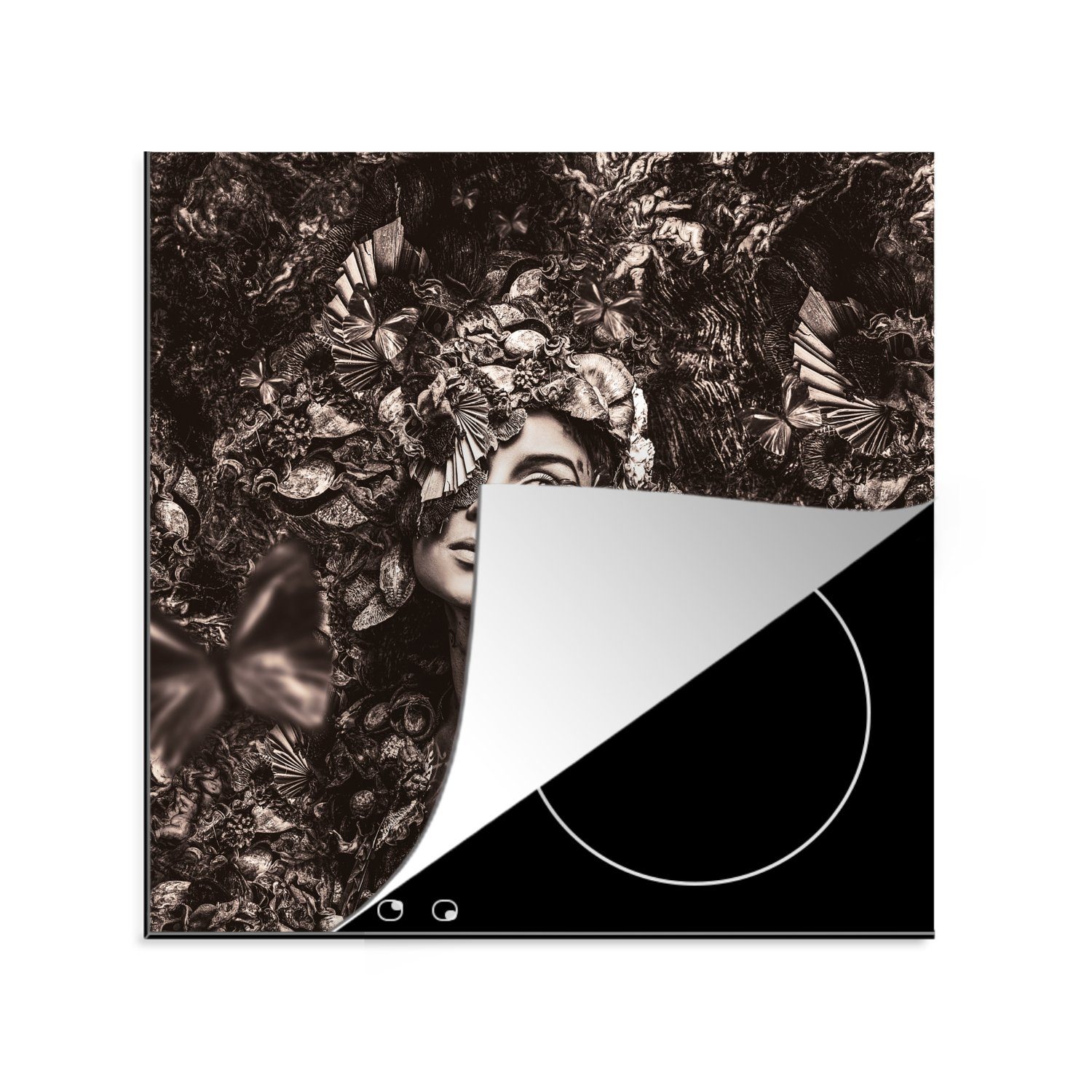 MuchoWow Herdblende-/Abdeckplatte Sepia - Frau - Schmetterling, Vinyl, (1 tlg), 78x78 cm, Ceranfeldabdeckung, Arbeitsplatte für küche