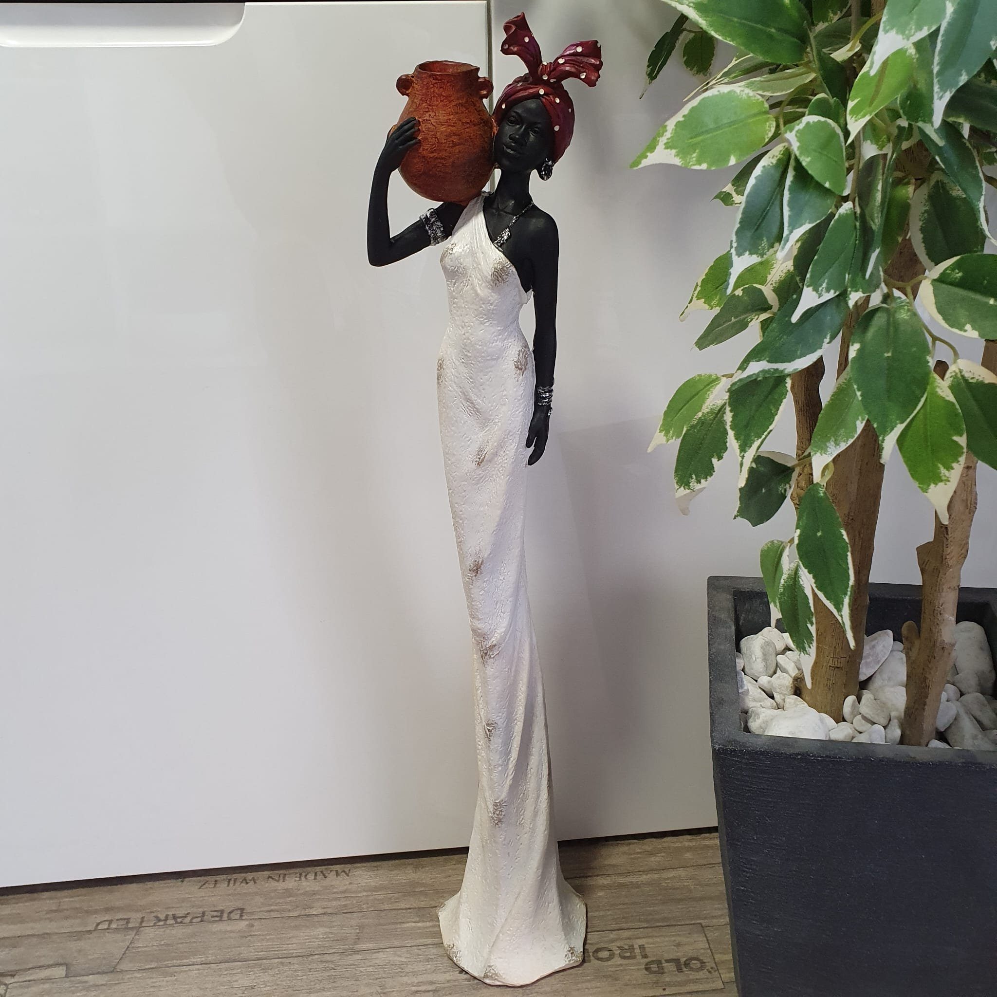 Aspinaworld Dekofigur Afrikanische Dekofigur Frau Wasserschale oben am Kopf 77 cm weiß