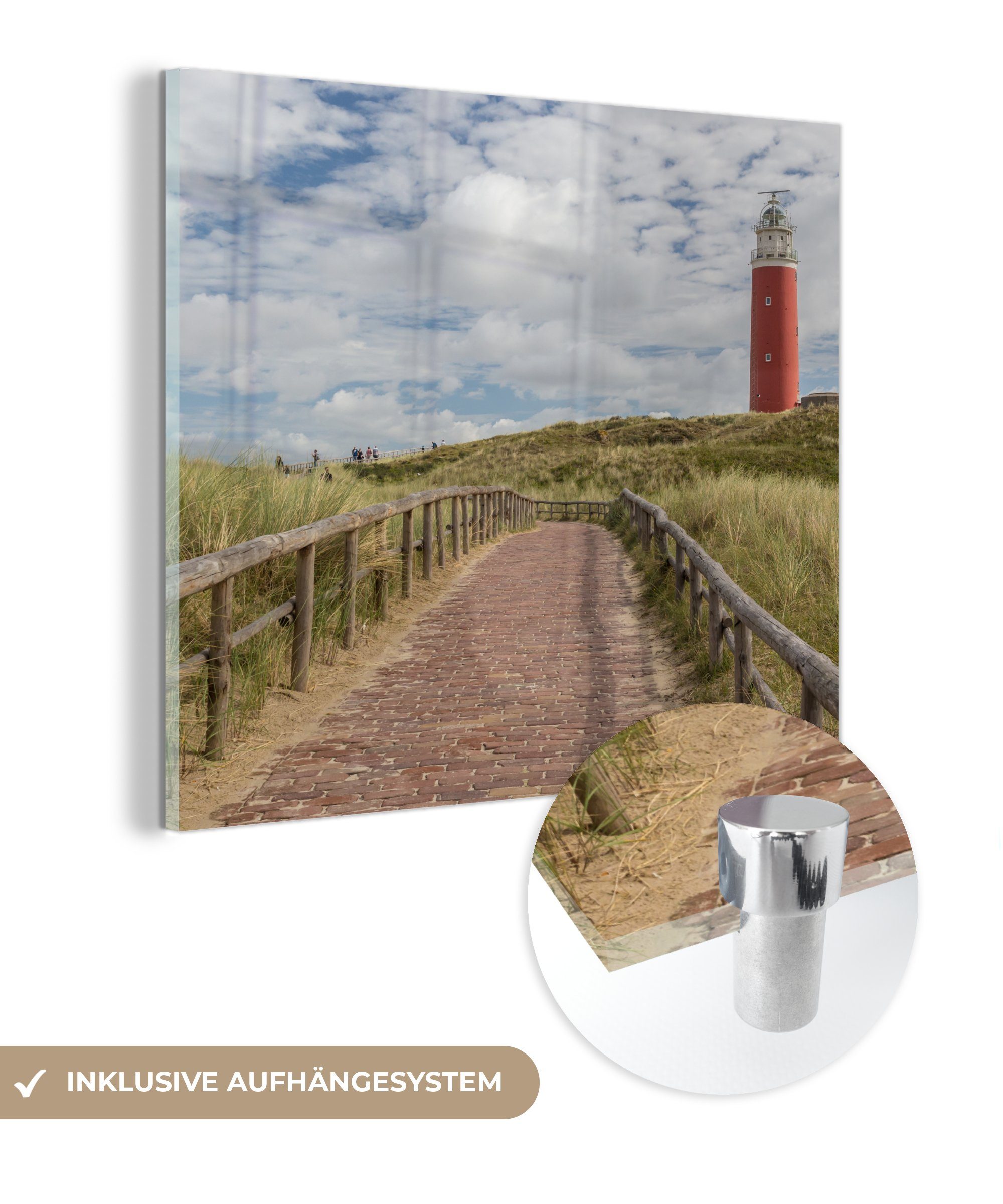 MuchoWow Acrylglasbild Pfad zum Leuchtturm in den Dünen, (1 St), Glasbilder - Bilder auf Glas Wandbild - Foto auf Glas - Wanddekoration