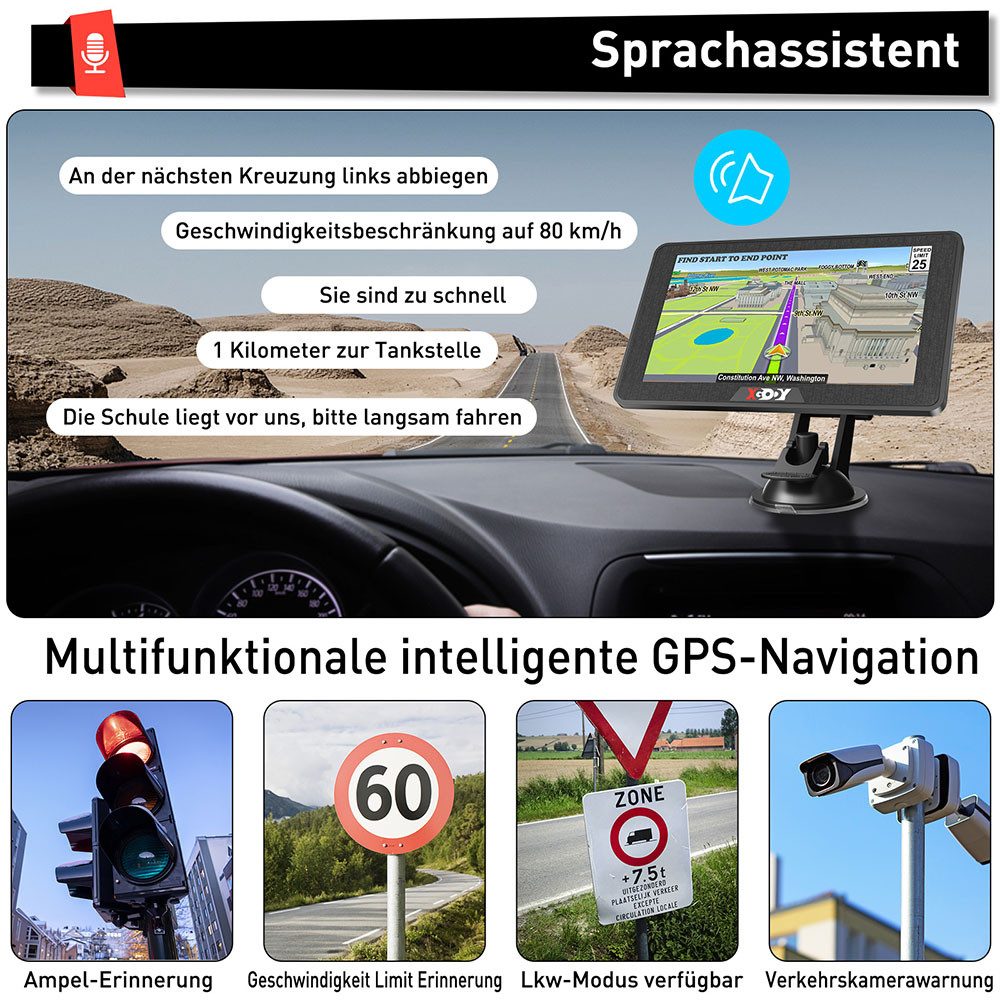 XGODY 7 Zoll PKW-Navigationsgerät (Europa (48 Länder), Lebenslange Kartenaktualisierung, GPS Navigation für Auto und LKW, Bluetooth, 3D Karten)