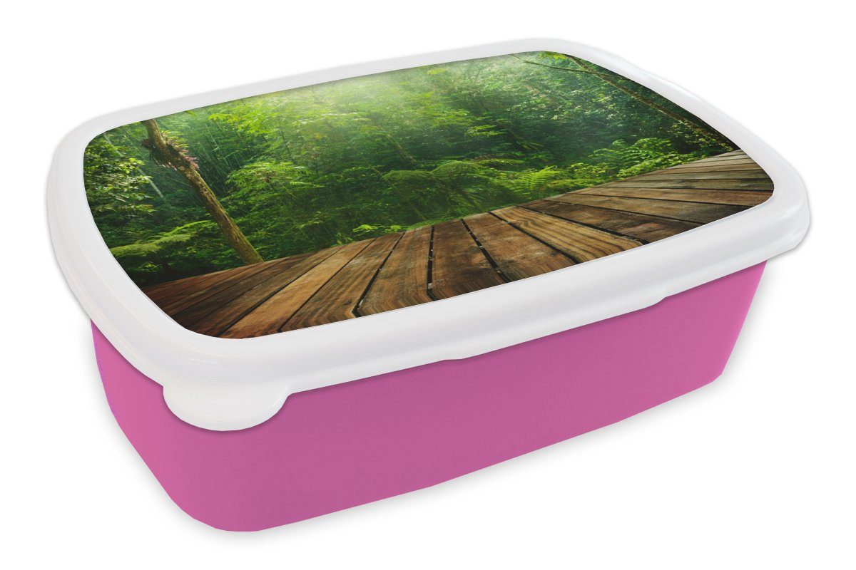 MuchoWow Lunchbox Boden - Holz - Dschungel - Jungen - Mädchen - Kinder - Kind, Kunststoff, (2-tlg), Brotbox für Erwachsene, Brotdose Kinder, Snackbox, Mädchen, Kunststoff rosa