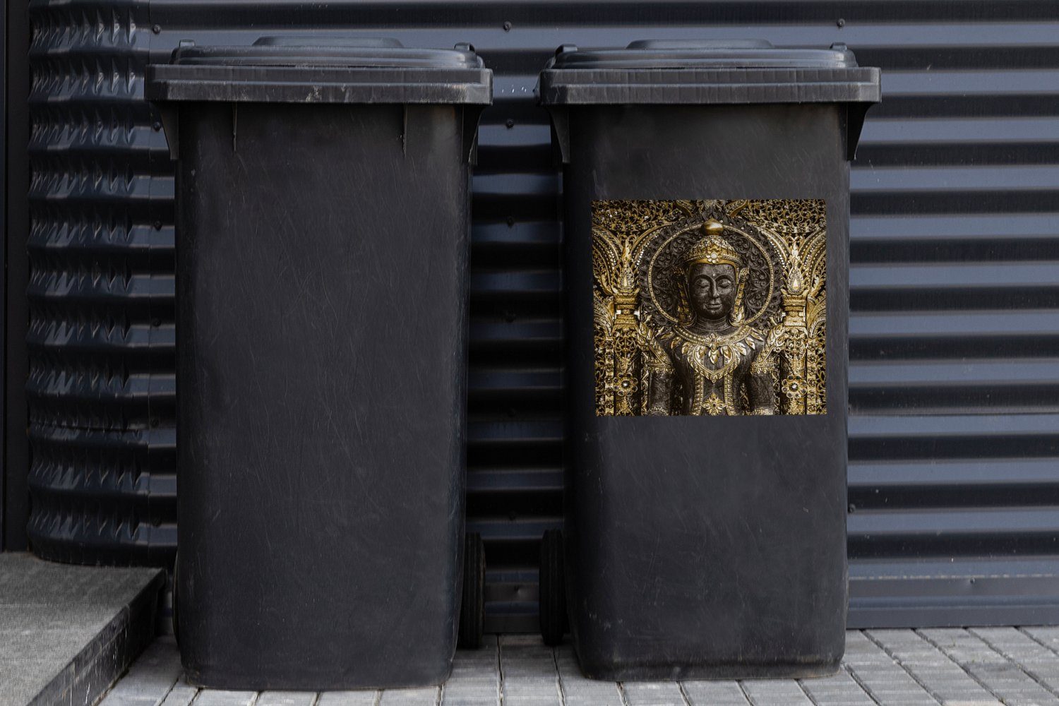 MuchoWow St), Mülltonne, Buddha - Container, Bild (1 Sticker, - Mülleimer-aufkleber, Wandsticker Gold Abfalbehälter