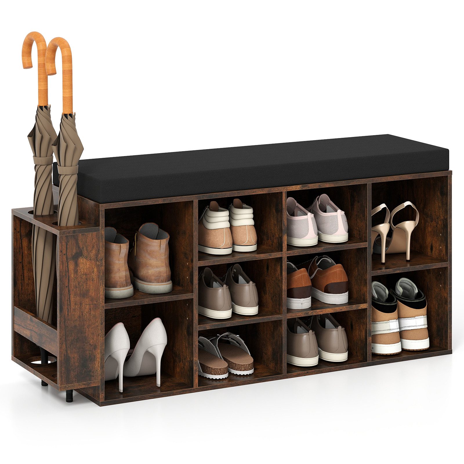 COSTWAY Schuhbank, mit Schirmhalter & gepolsterter Sitzfläche Schuhregal 110cm