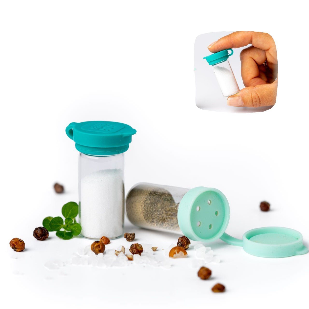 LEKKABOX Salzstreuer Mini 5ml Salzstreuer To Go, 2er Set - Salty kleine aus Glas mit Deckel, Aus Glas und extra klein, nur 4,4 cm – auch ideal für Zucker & Zimt!