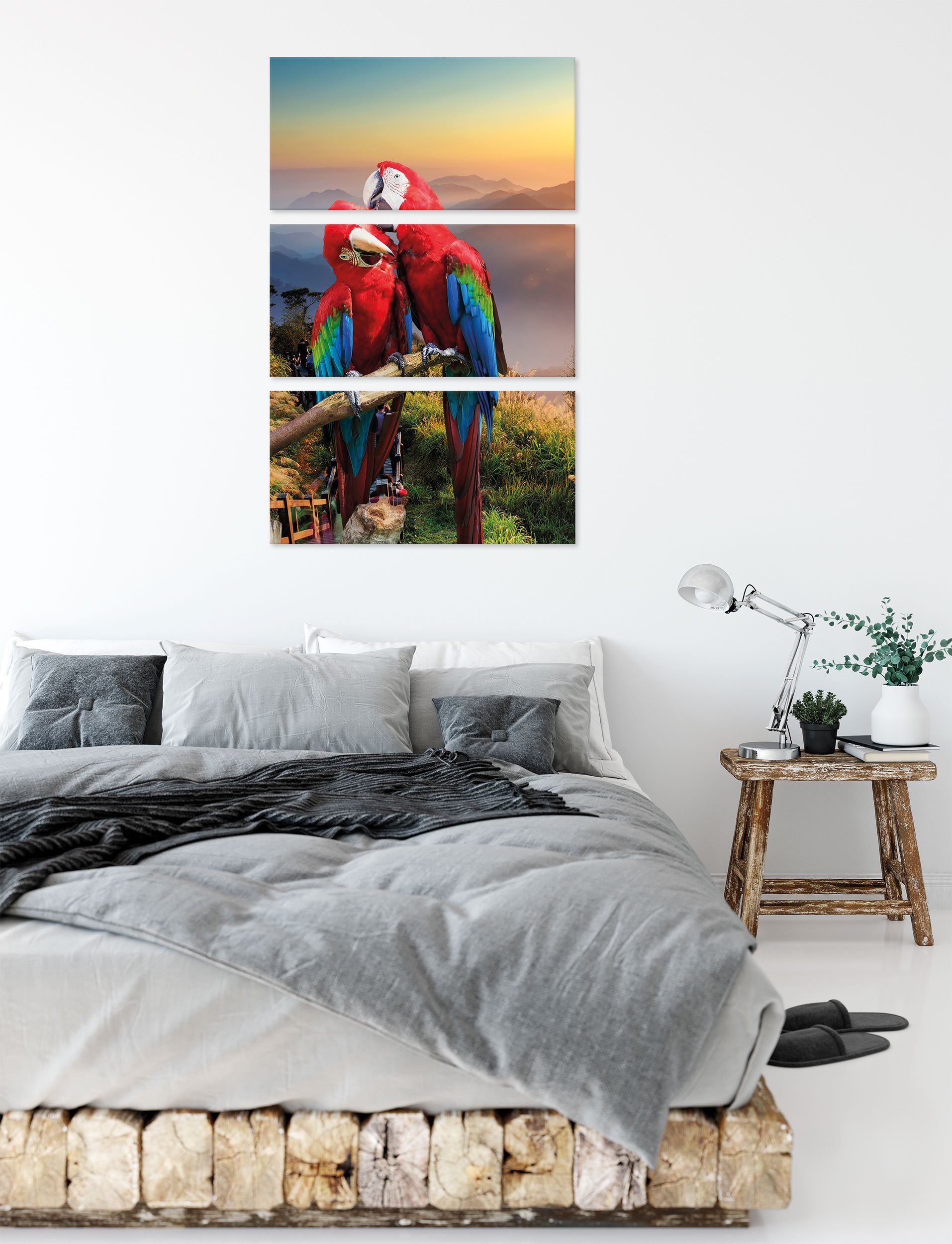 Leinwandbild Papageien Zackenaufhänger (1 inkl. Pärchen, 3Teiler Papageien (120x80cm) St), bespannt, fertig Leinwandbild Pixxprint Pärchen